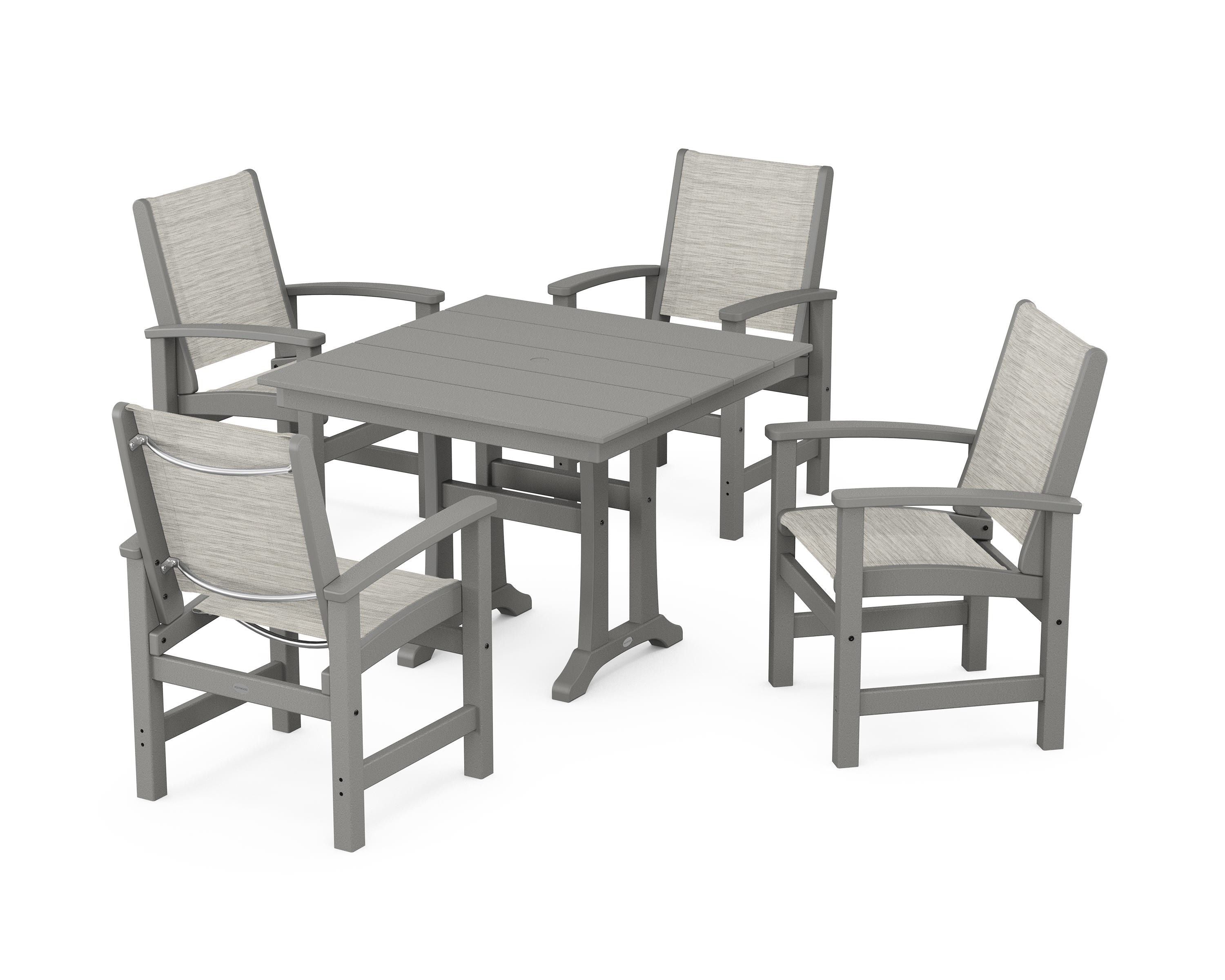 POLYWOOD Coastal 5-Piece Farmhouse Dining Set With Trestle Legs in Slate Grey / Birch Sling