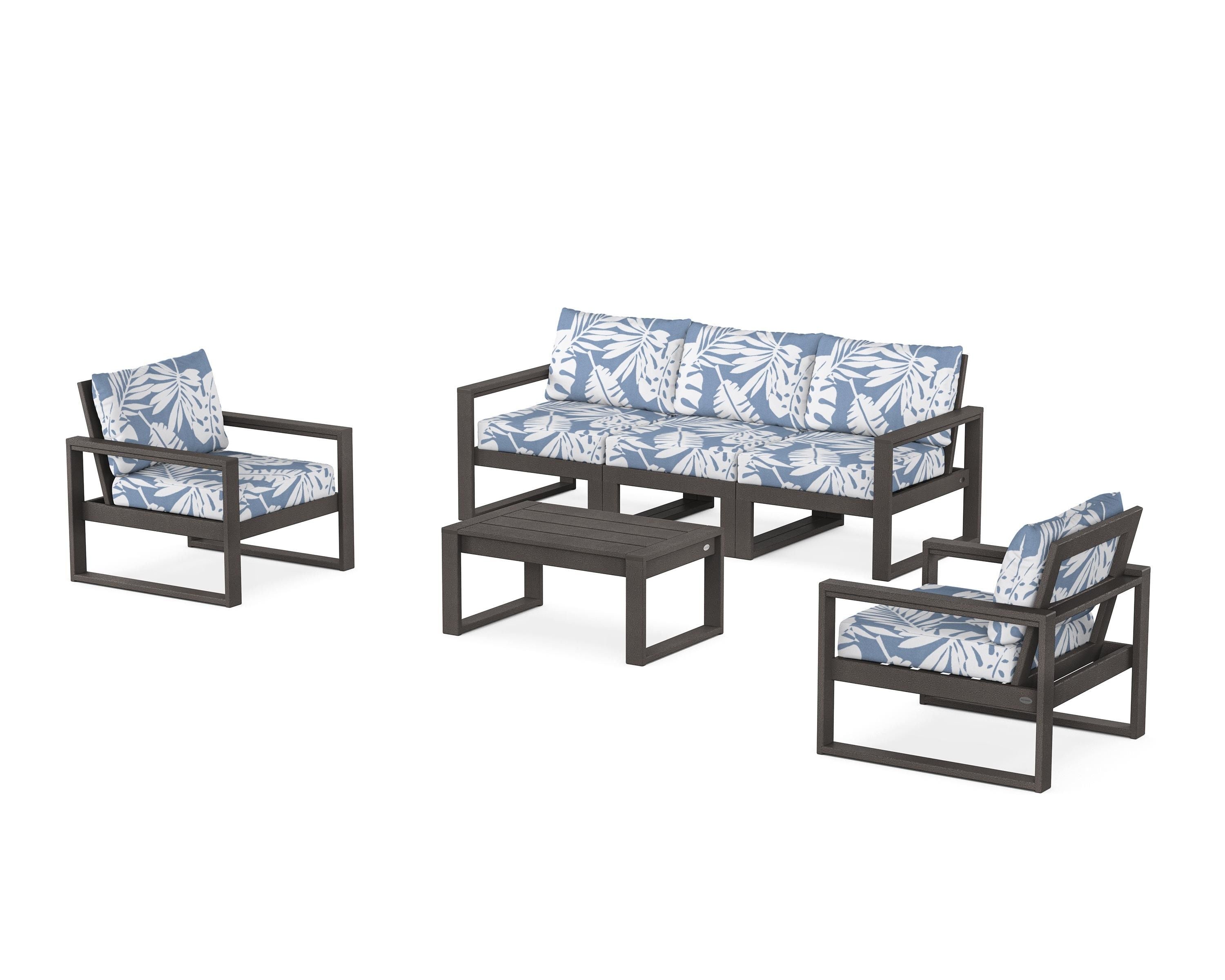 POLYWOOD EDGE Sectional 4-Piece Deep Seating Set with Sofa in Vintage Coffee / Leaf Sky Blue
