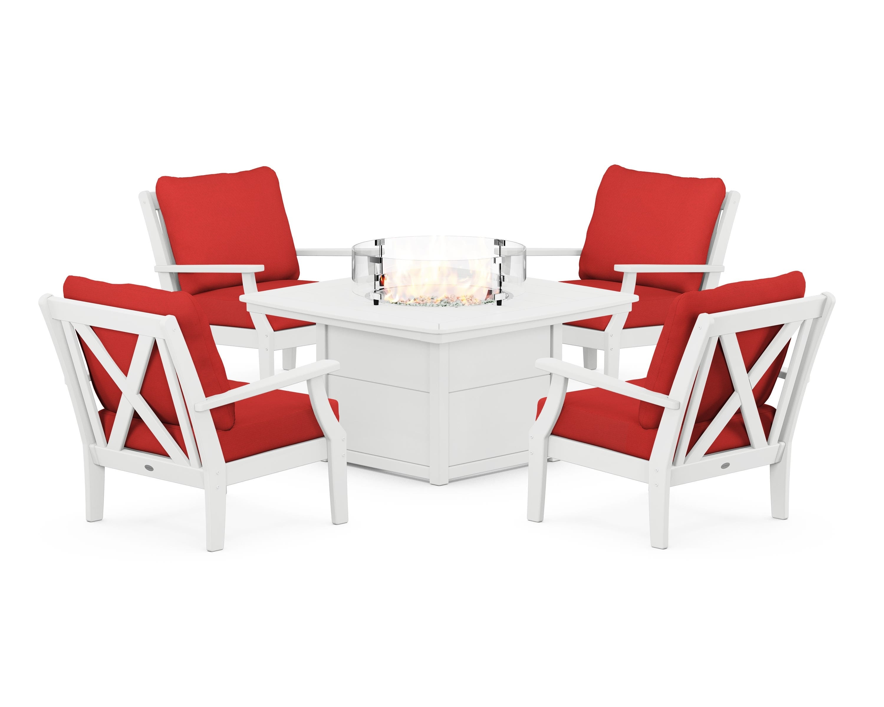 POLYWOOD Braxton 5-Piece Deep Seating Conversation Set with Fire Pit Table in White / Crimson Linen