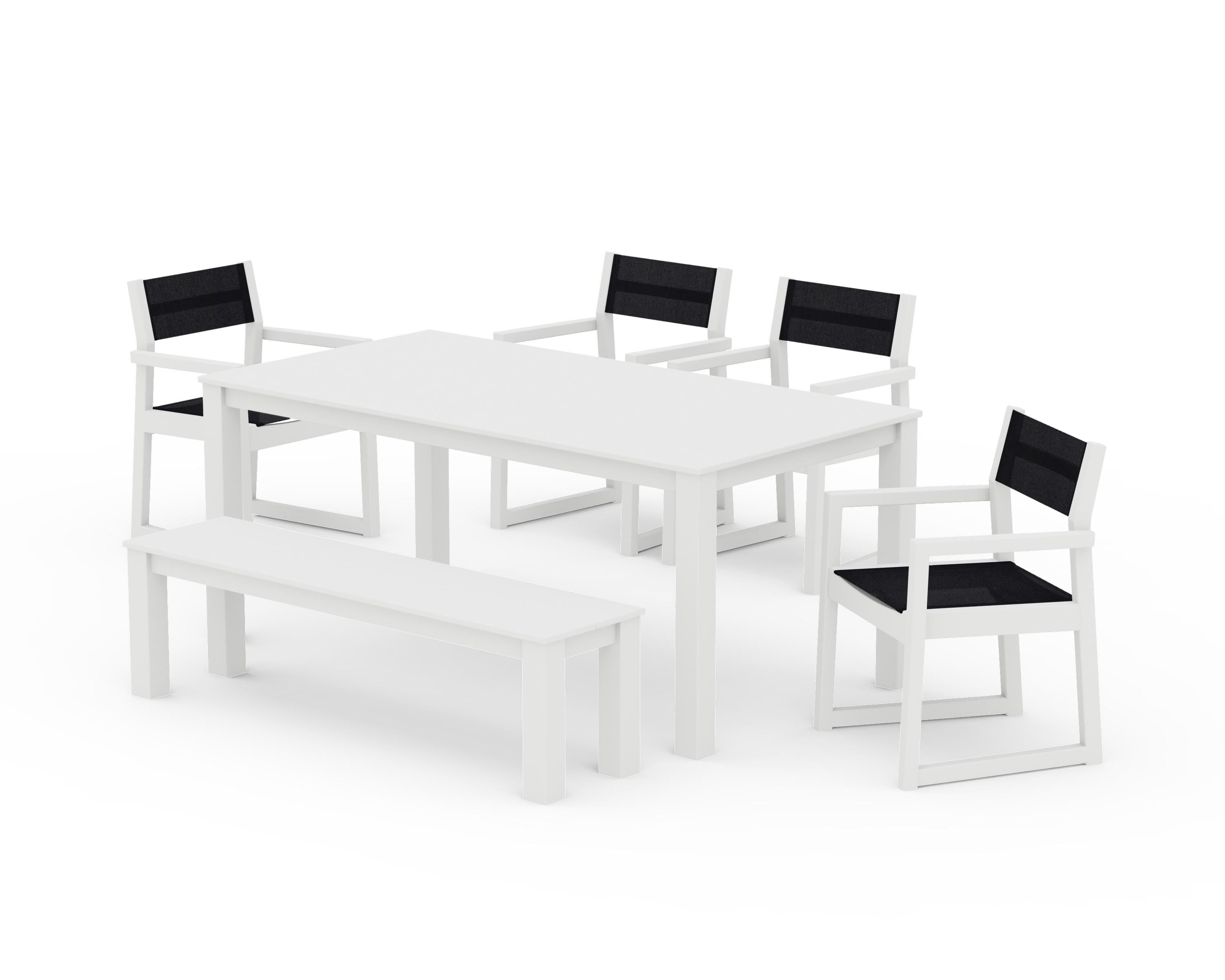 POLYWOOD EDGE Sling Arm Chair 6-Piece Parsons Dining Set with Bench in White / Black Sling