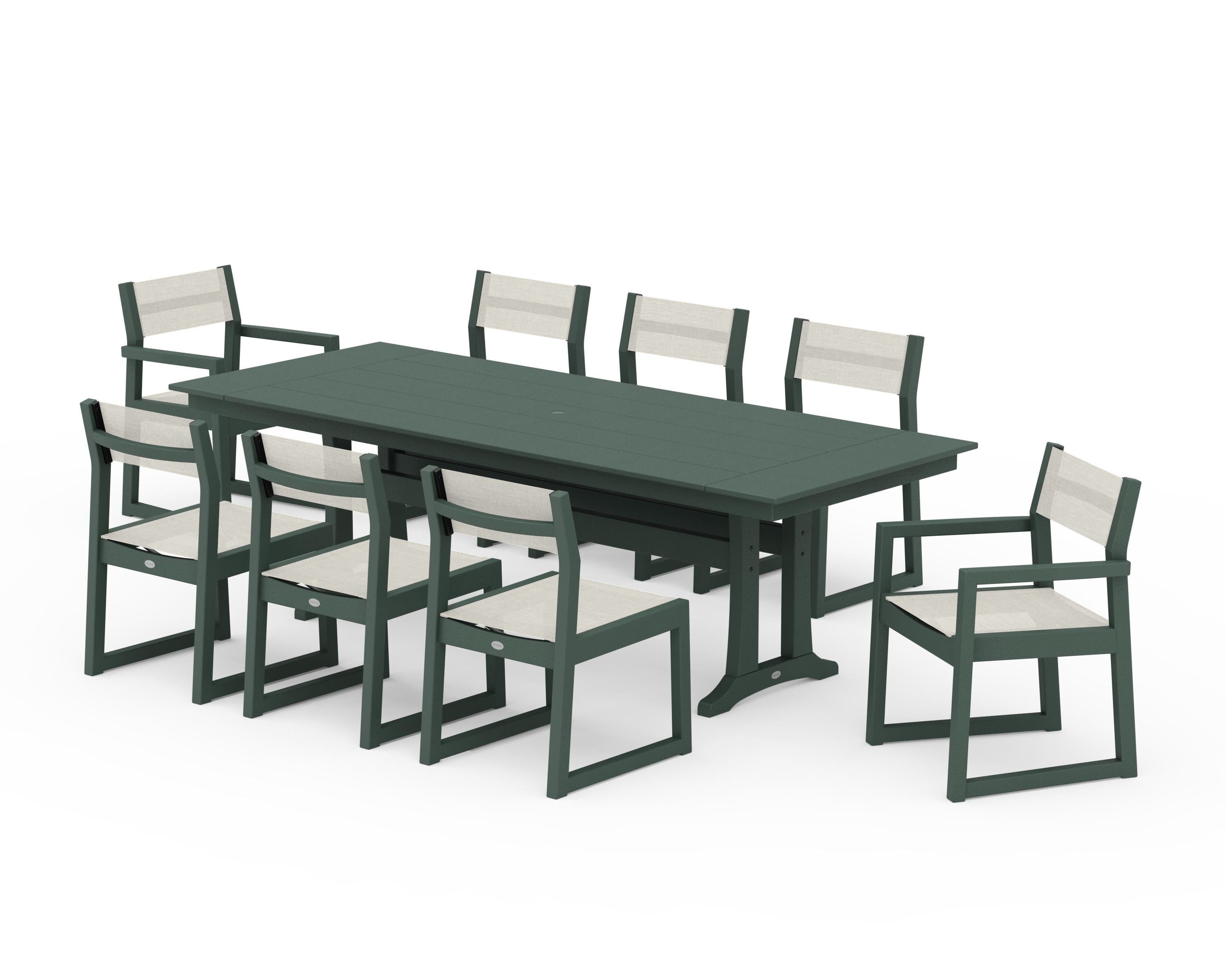 POLYWOOD EDGE Sling 9-Piece Farmhouse Trestle Dining Set in Green / Parchment Sling