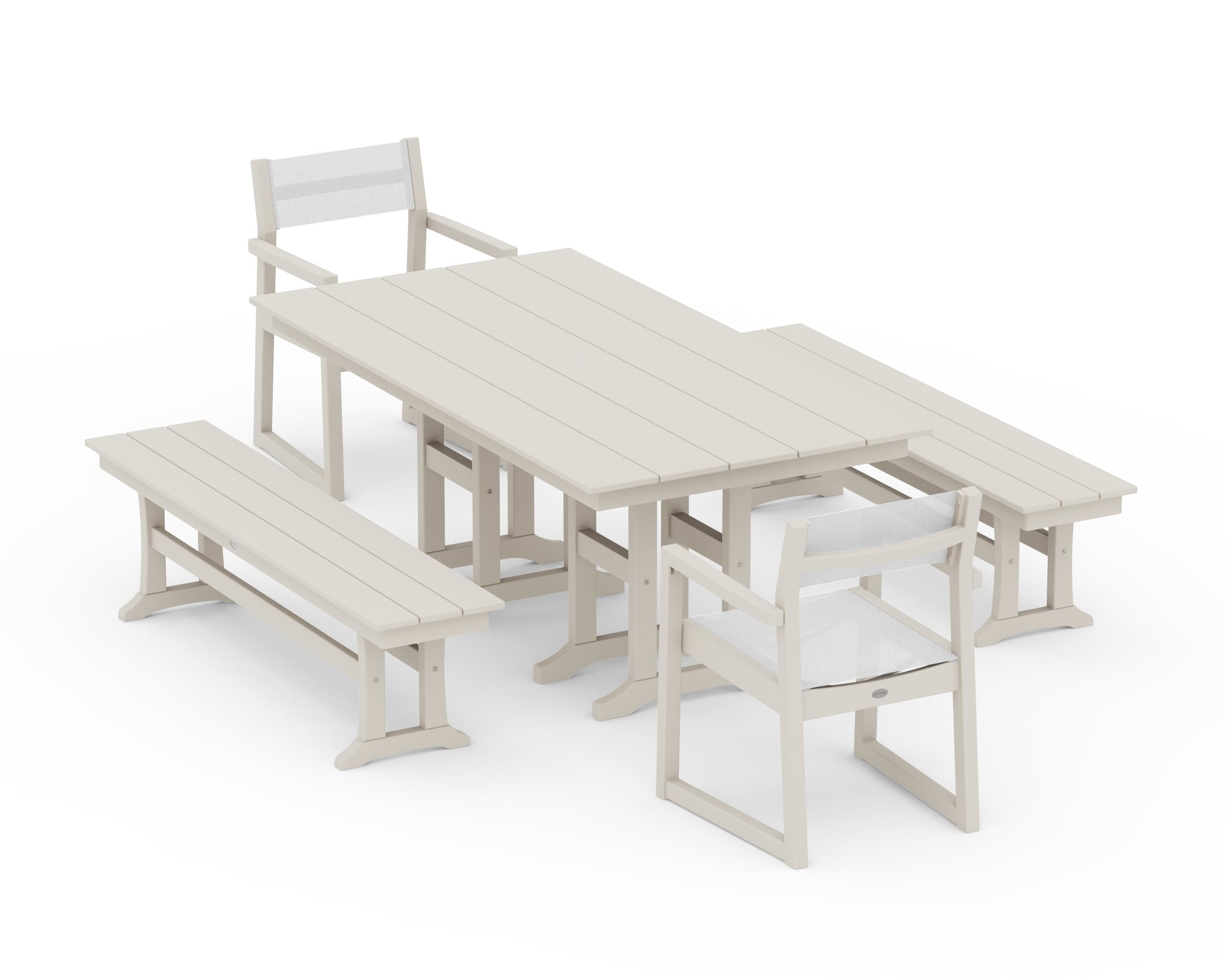 POLYWOOD EDGE Sling Arm Chair 5-Piece Farmhouse Dining Set with Benches in Sand / White Sling