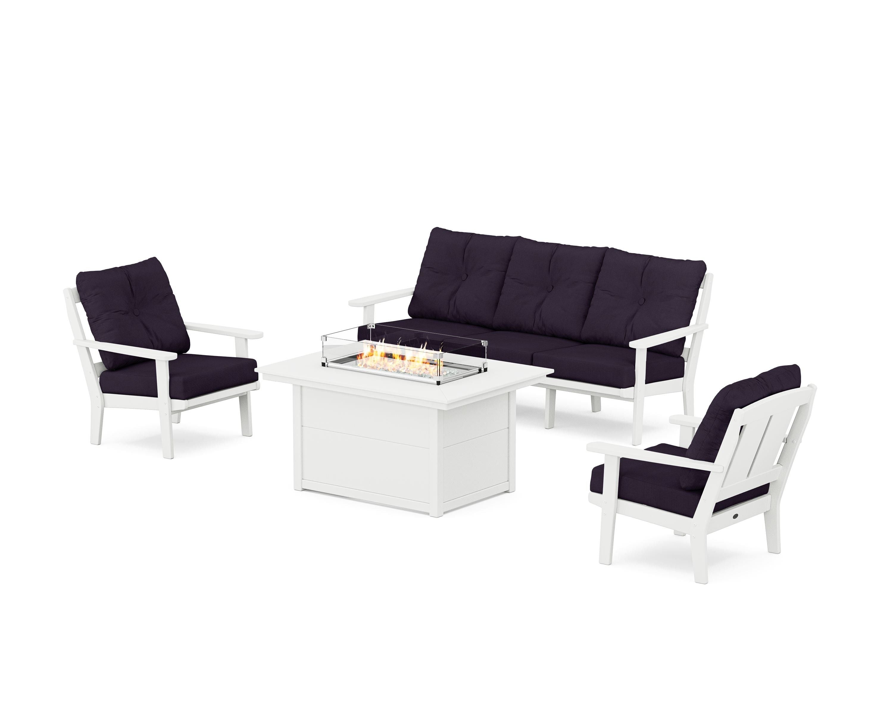 POLYWOOD Mission Deep Seating Fire Pit Table Set in White / Navy Linen