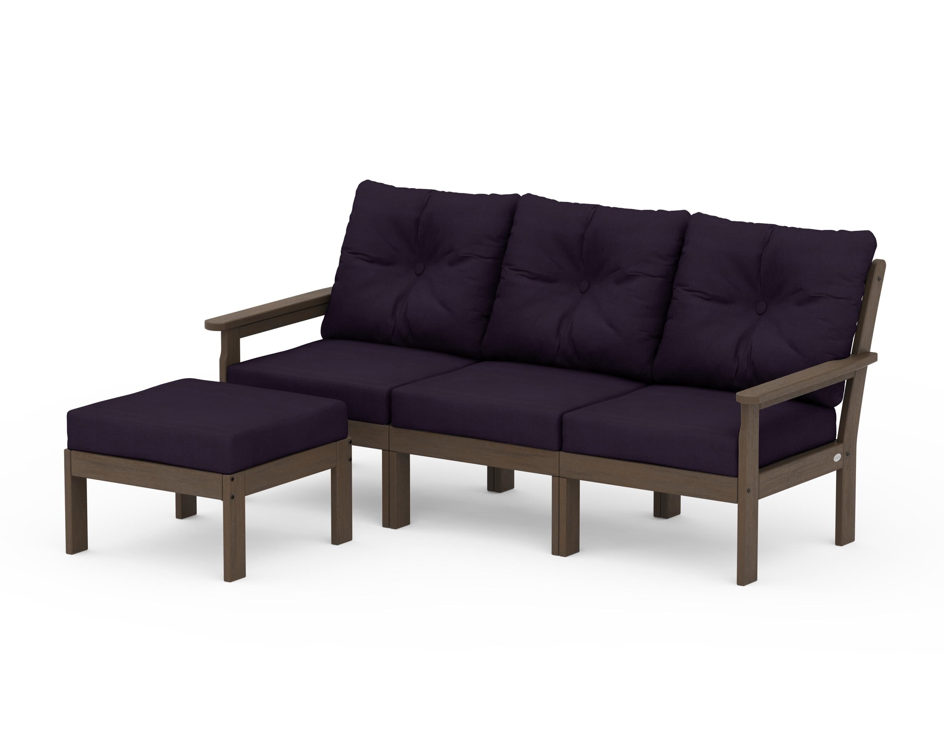 POLYWOOD Vineyard 4-Piece Sectional with Ottoman in Kona / Navy Linen