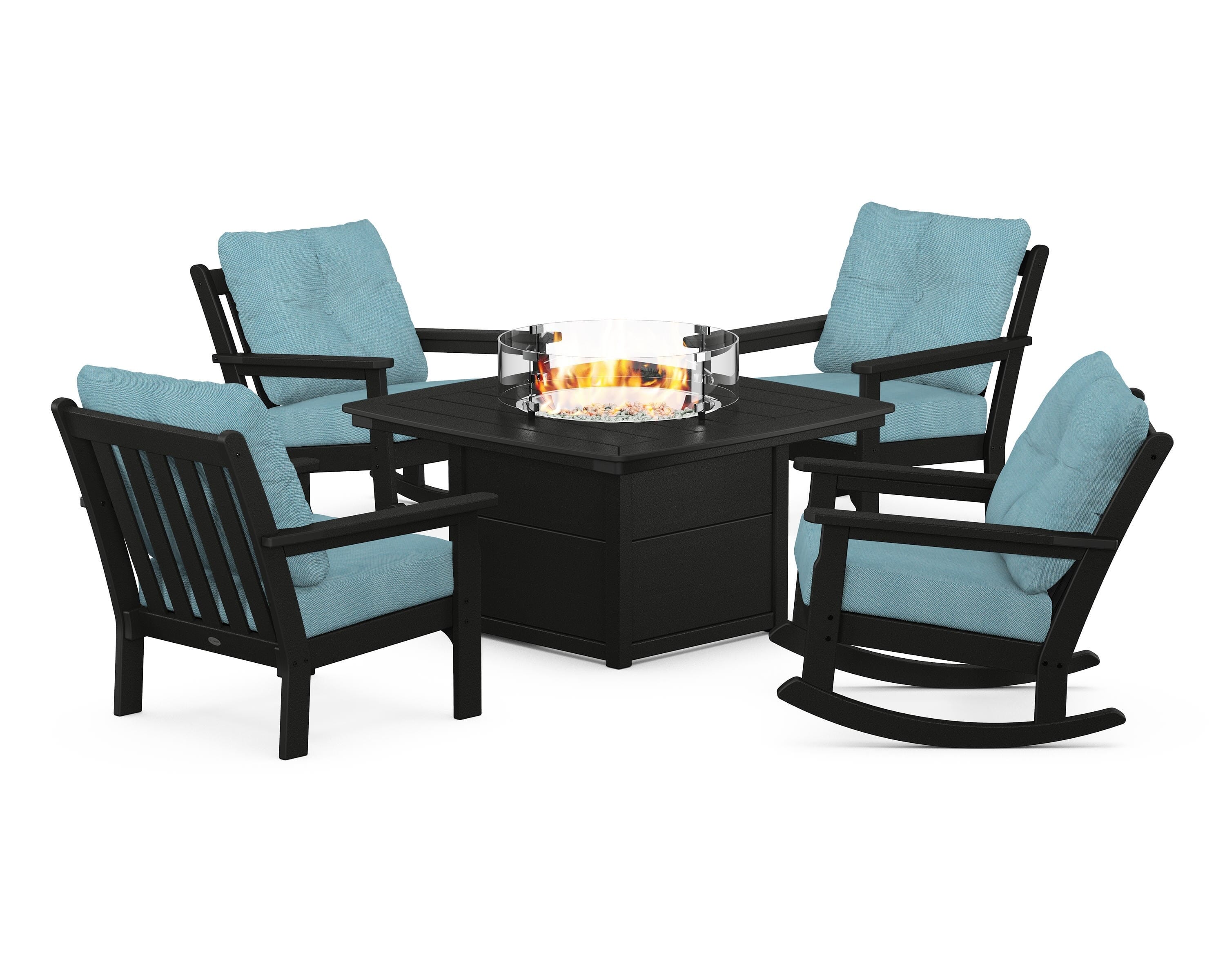 POLYWOOD Vineyard 5-Piece Deep Seating Rocking Chair Conversation Set with Fire Pit Table in Black / Lattice Sky Blue