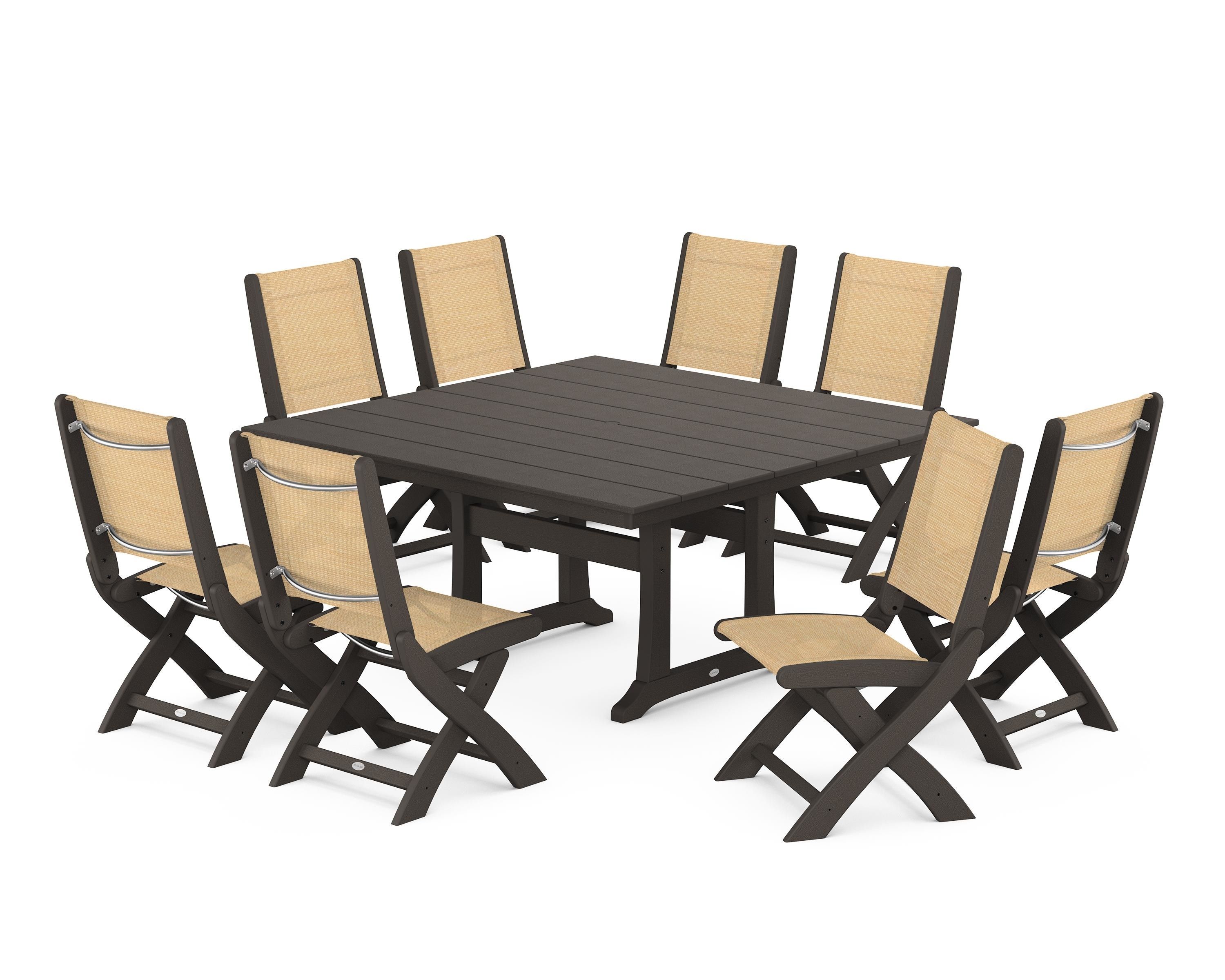 POLYWOOD Coastal Folding Side Chair 9-Piece Farmhouse Dining Set in Vintage Coffee / Dupioni Apricot Sling