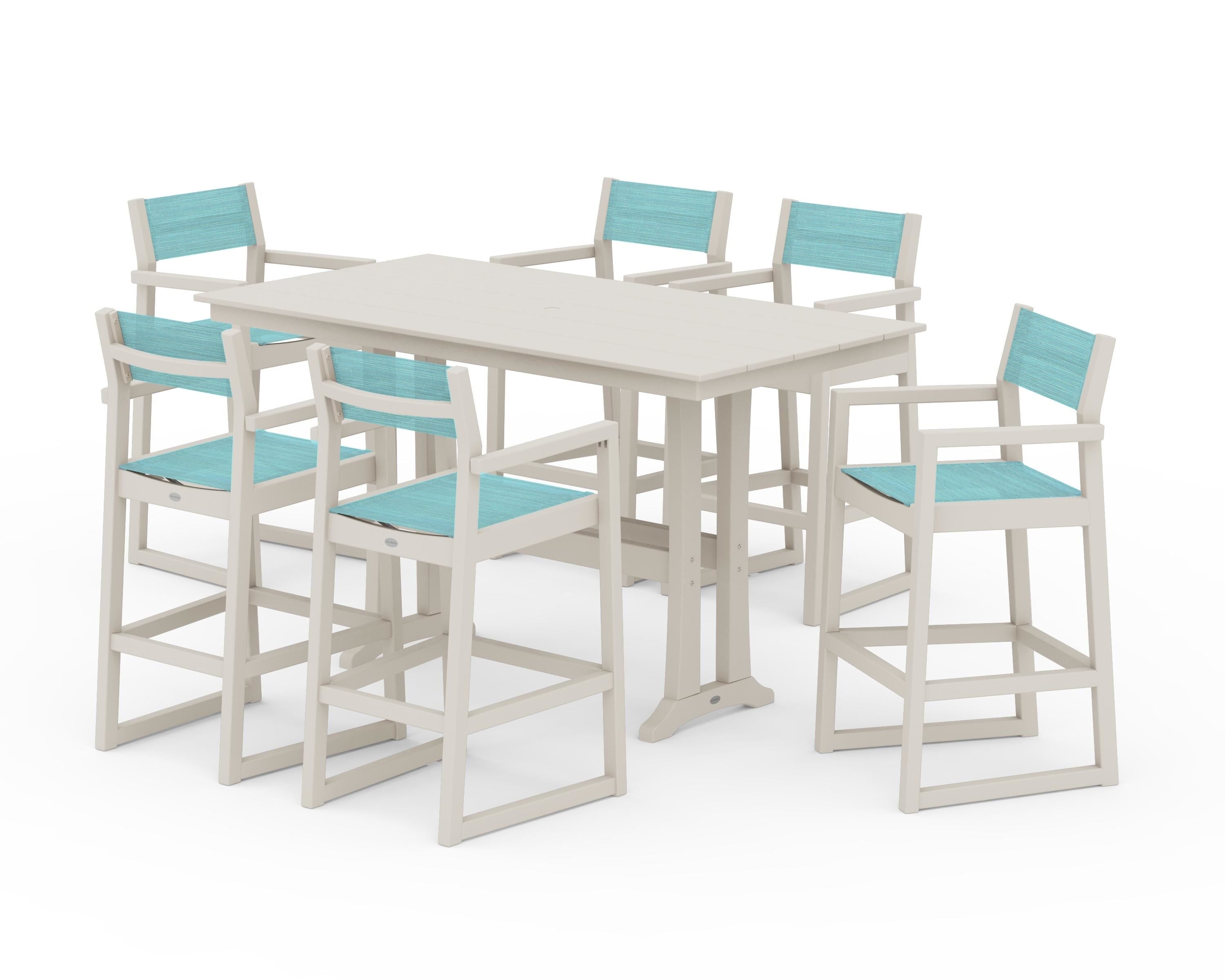 POLYWOOD EDGE Sling Arm Chair 7-Piece Farmhouse Bar Set with Trestle Legs in Sand / Dupioni Aquamarine Sling