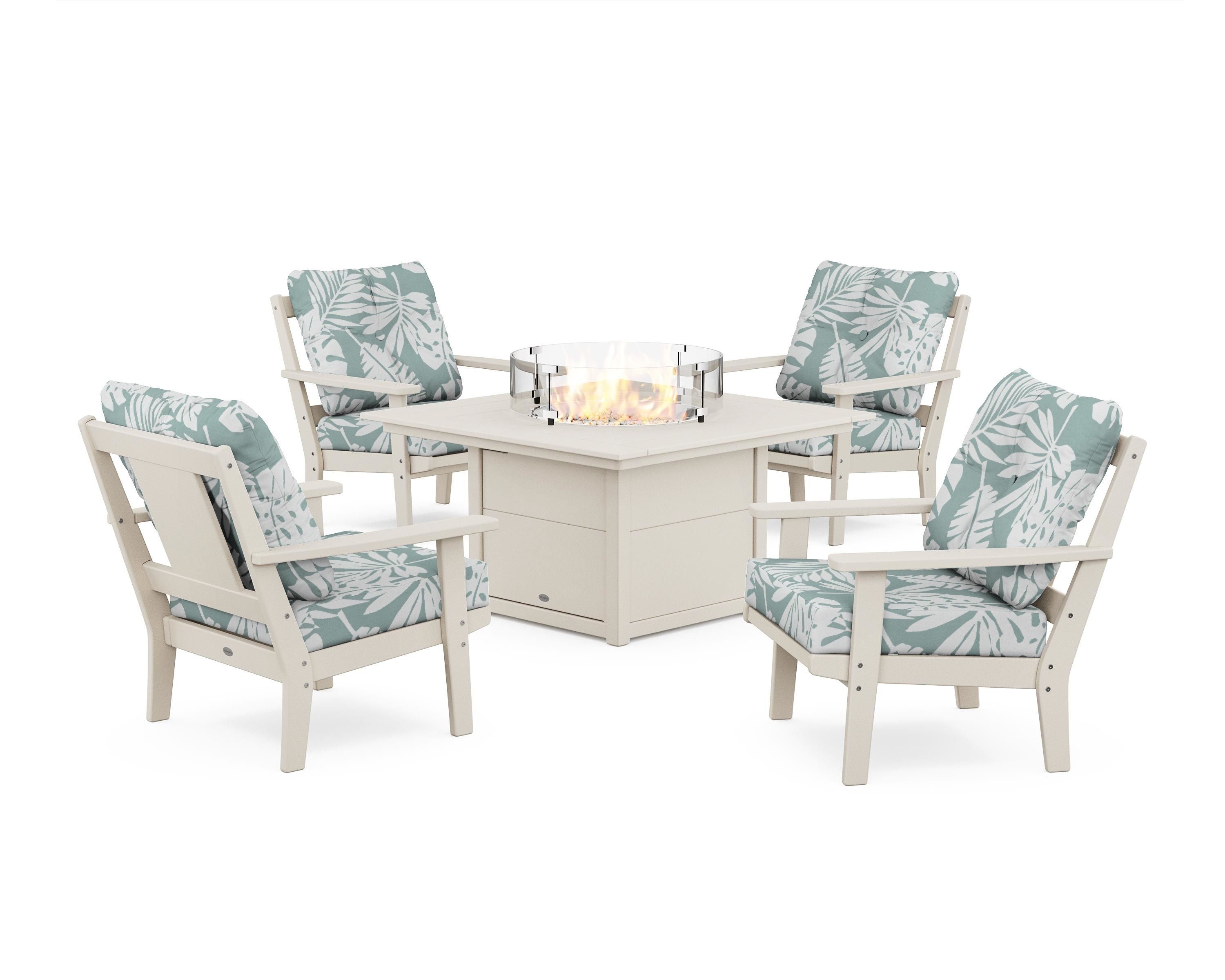 POLYWOOD Prairie 5-Piece Deep Seating Set with Fire Pit Table in Sand / Leaf Glacier Spa