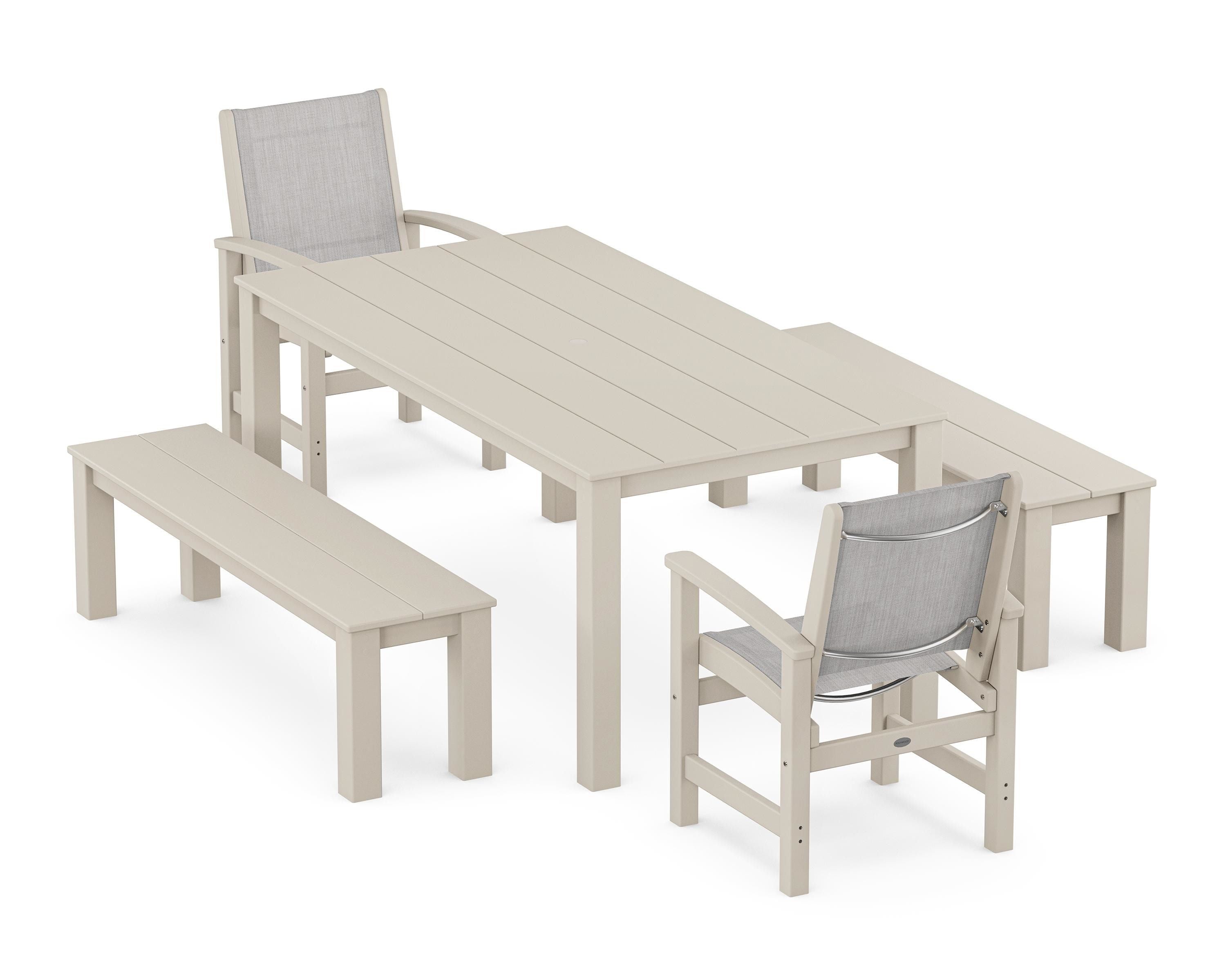 POLYWOOD Coastal 5-Piece Parsons Dining Set with Benches in Sand / Parchment Sling