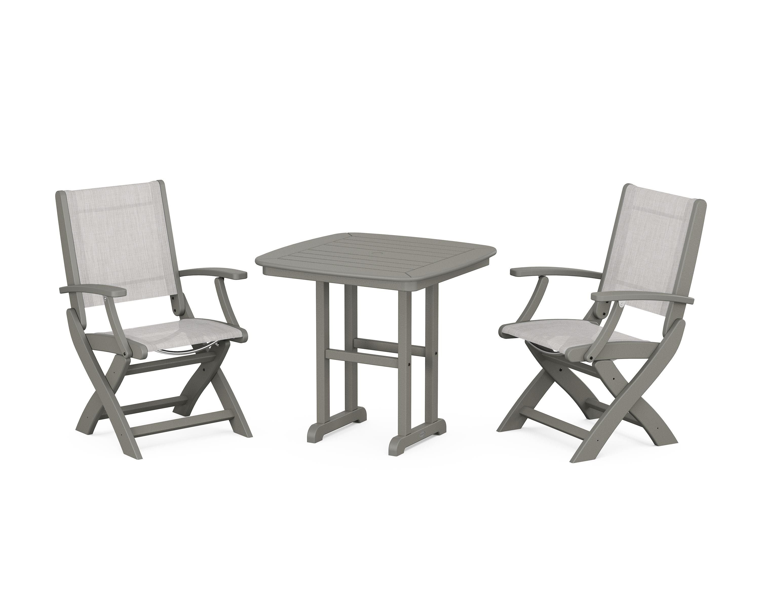 POLYWOOD Coastal Folding Chair 3-Piece Dining Set in Slate Grey / Parchment Sling