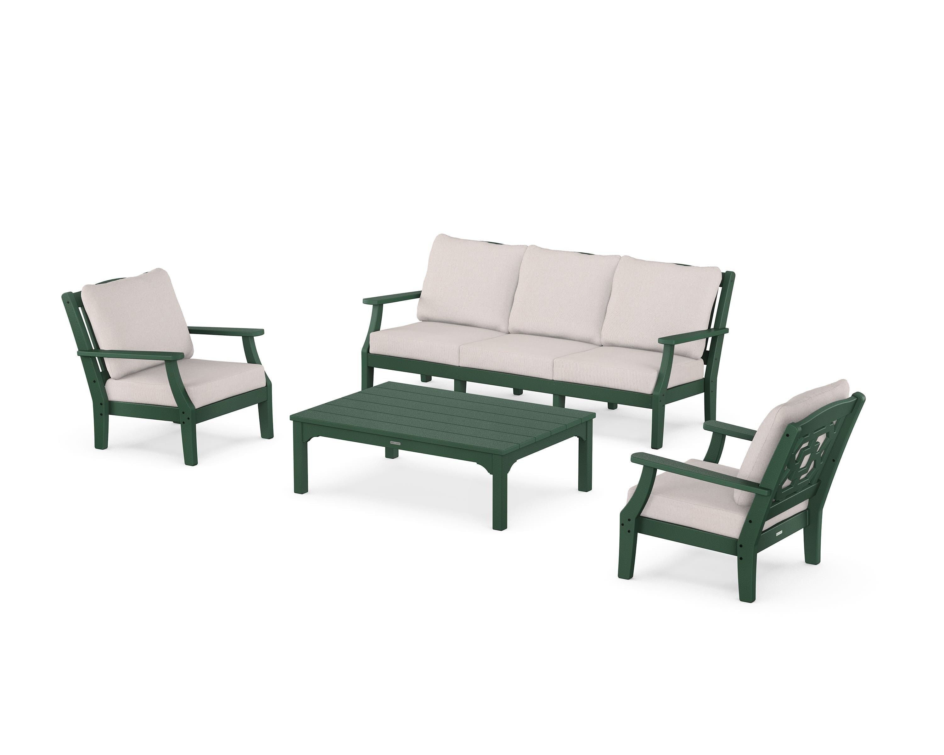 Martha Stewart by POLYWOOD Chinoiserie 4-Piece Deep Seating Set with Sofa in Green / Dune Burlap