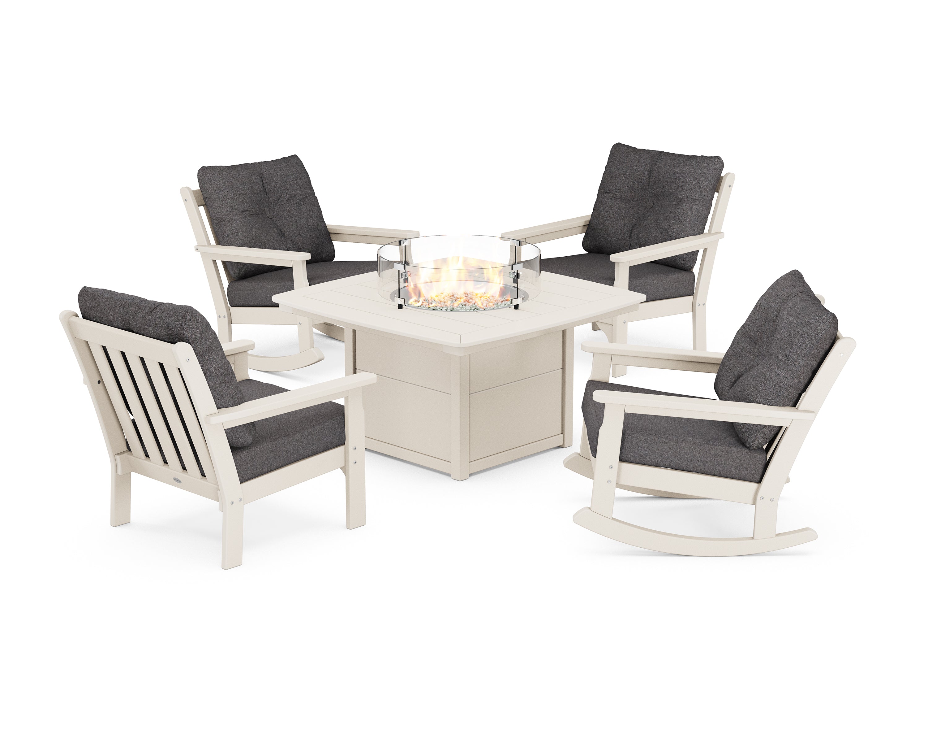 POLYWOOD Vineyard 5-Piece Deep Seating Rocking Chair Conversation Set with Fire Pit Table in Sand / Ash Charcoal