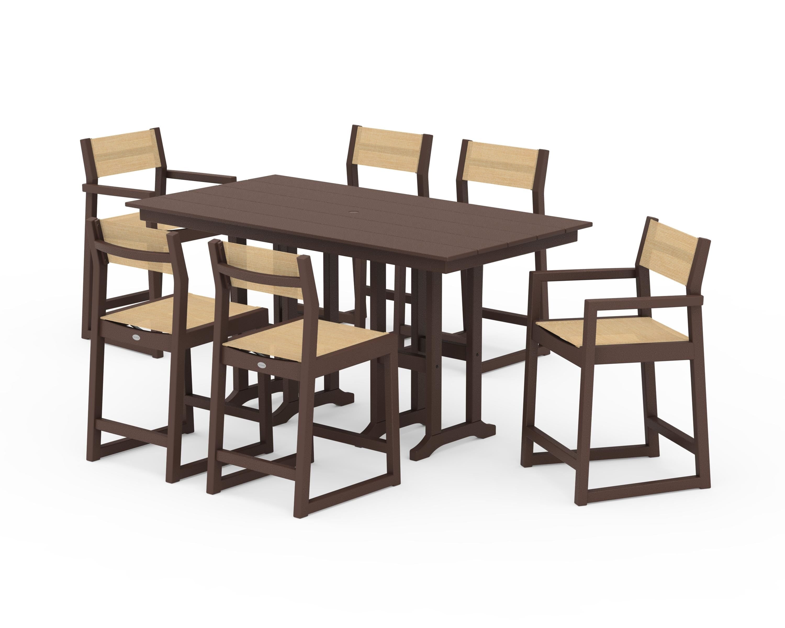 POLYWOOD EDGE Sling 7-Piece Farmhouse Counter Set in Mahogany / Dupioni Apricot Sling