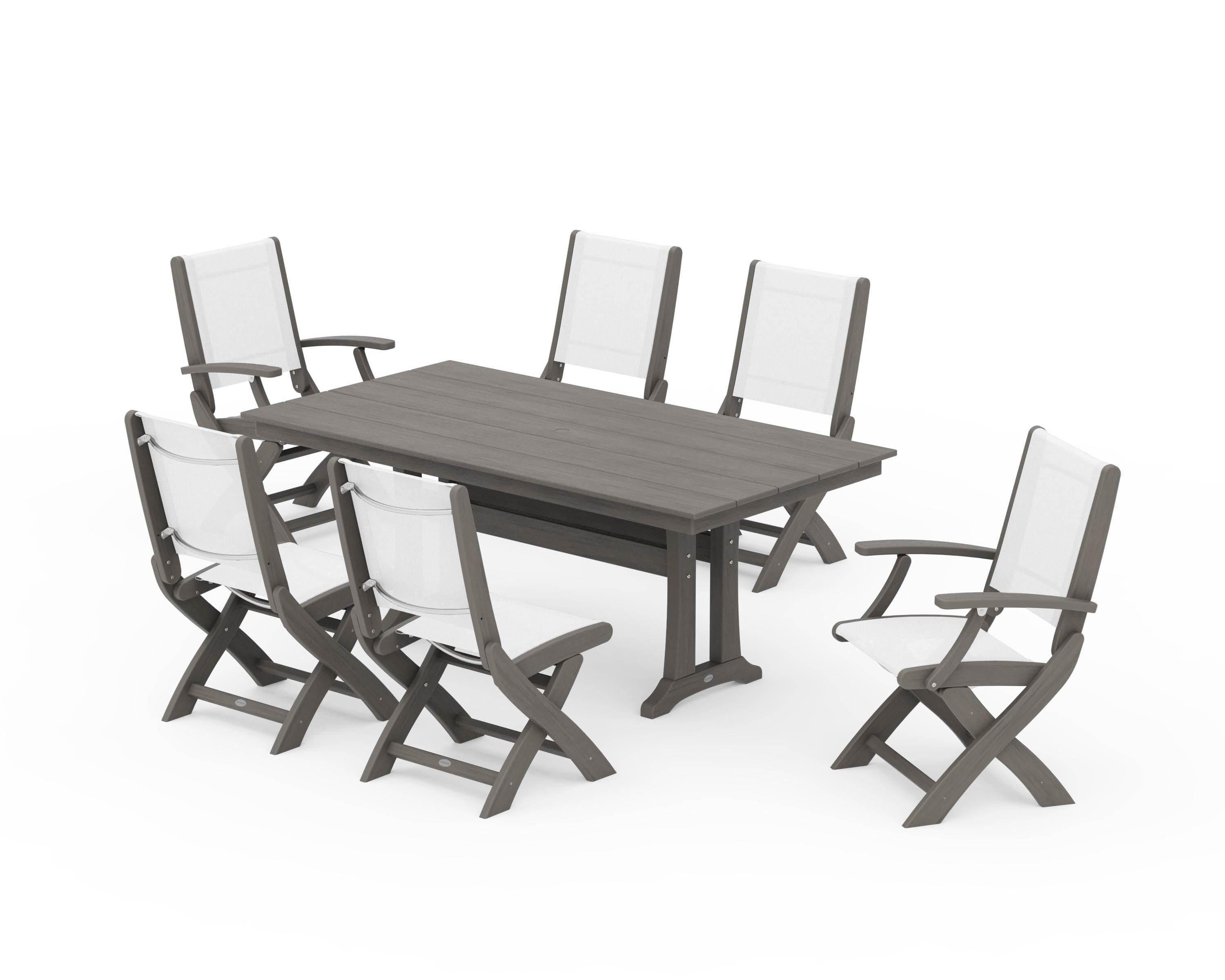 POLYWOOD Coastal Folding Chair 7-Piece Farmhouse Dining Set with Trestle Legs in Driftwood / White Sling