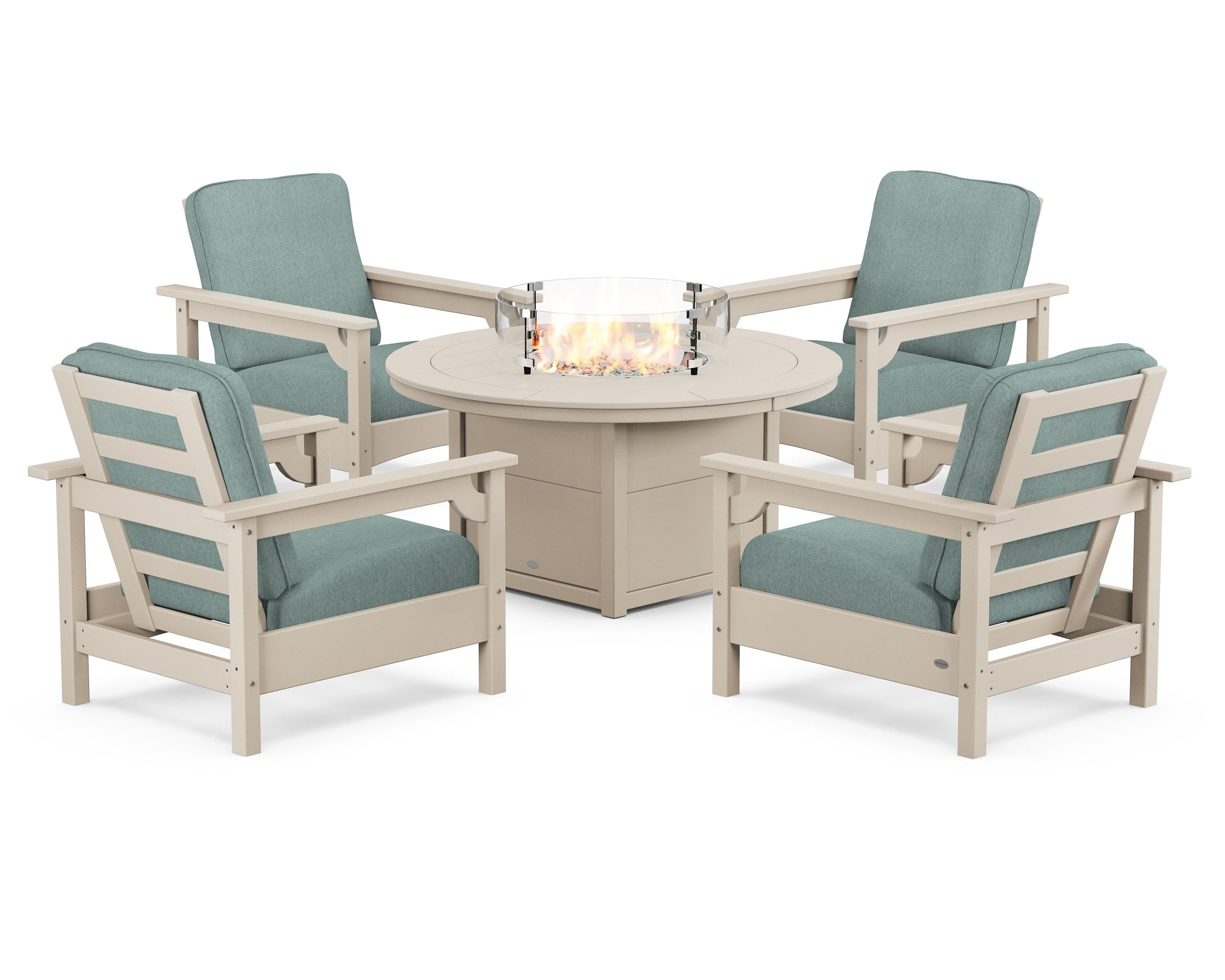 POLYWOOD Club 5-Piece Conversation Set with Fire Pit Table in Sand / Glacier Spa