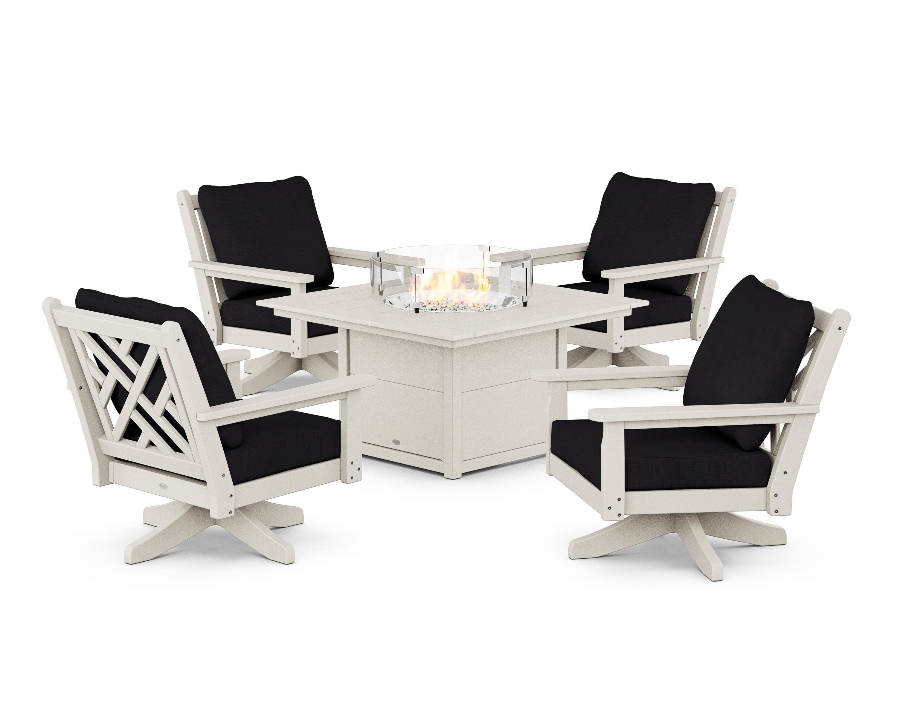 POLYWOOD Chippendale 5-Piece Deep Seating Swivel Conversation Set with Fire Pit Table in Sand / Midnight Linen