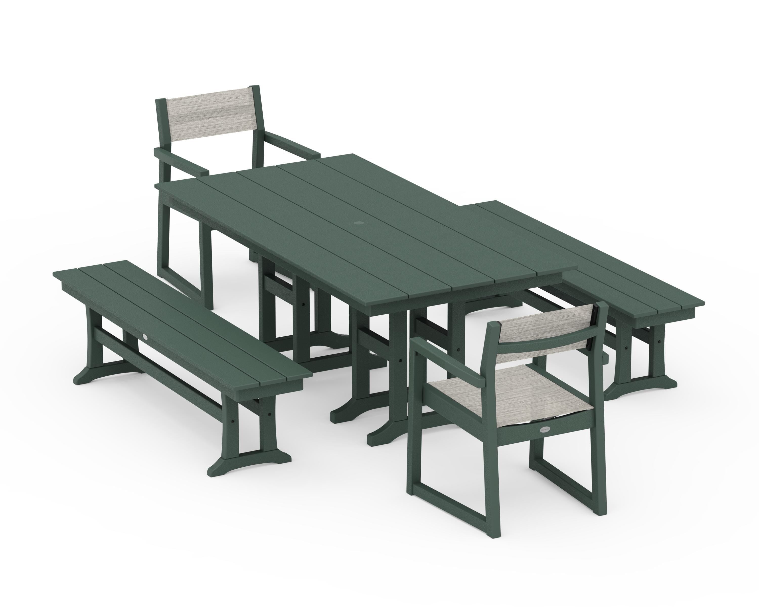 POLYWOOD EDGE Sling Arm Chair 5-Piece Farmhouse Dining Set with Benches in Green / Birch Sling