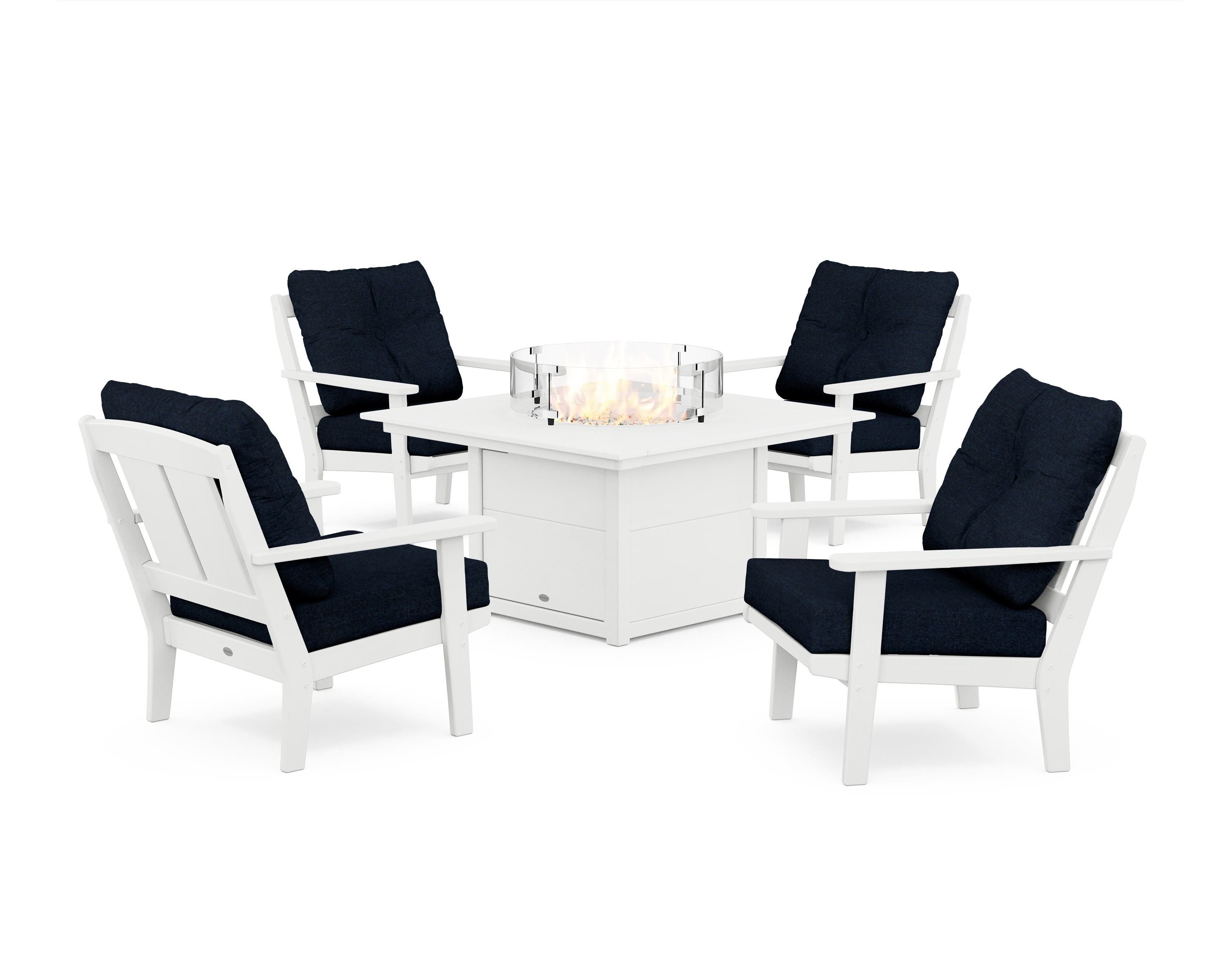 POLYWOOD Mission 5-Piece Deep Seating Set with Fire Pit Table in White / Marine Indigo