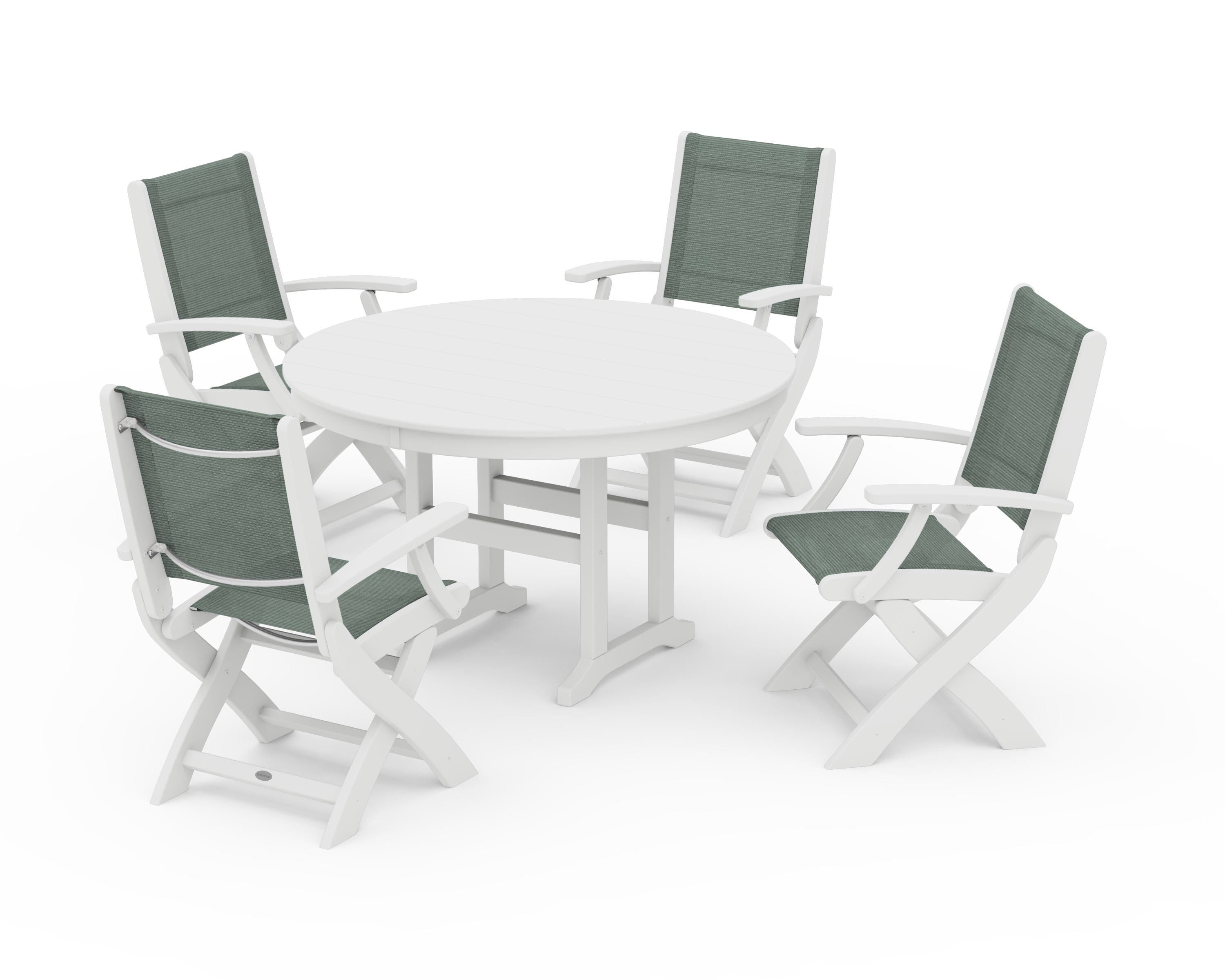 POLYWOOD Coastal Folding Chair 5-Piece Round Dining Set in White / Dupioni Sea Mist Sling