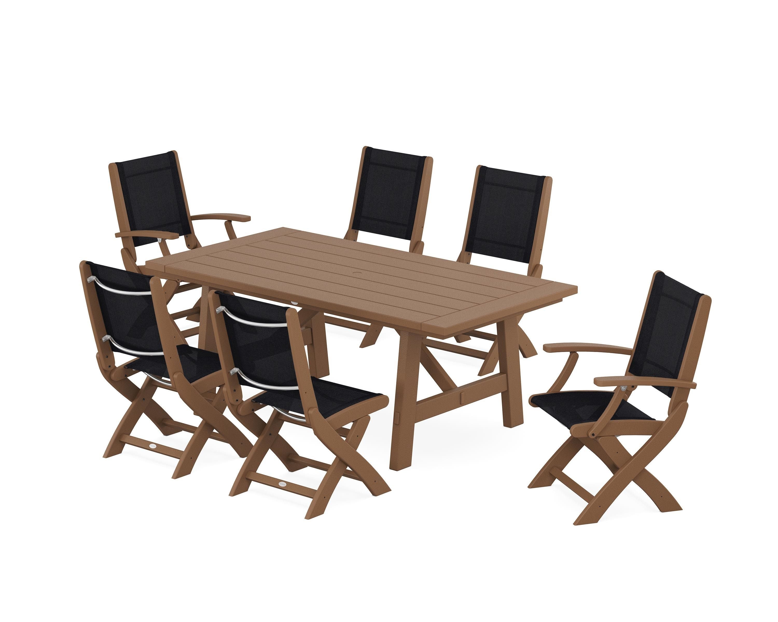 POLYWOOD Coastal Folding Chair 7-Piece Rustic Farmhouse Dining Set in Teak / Black Sling