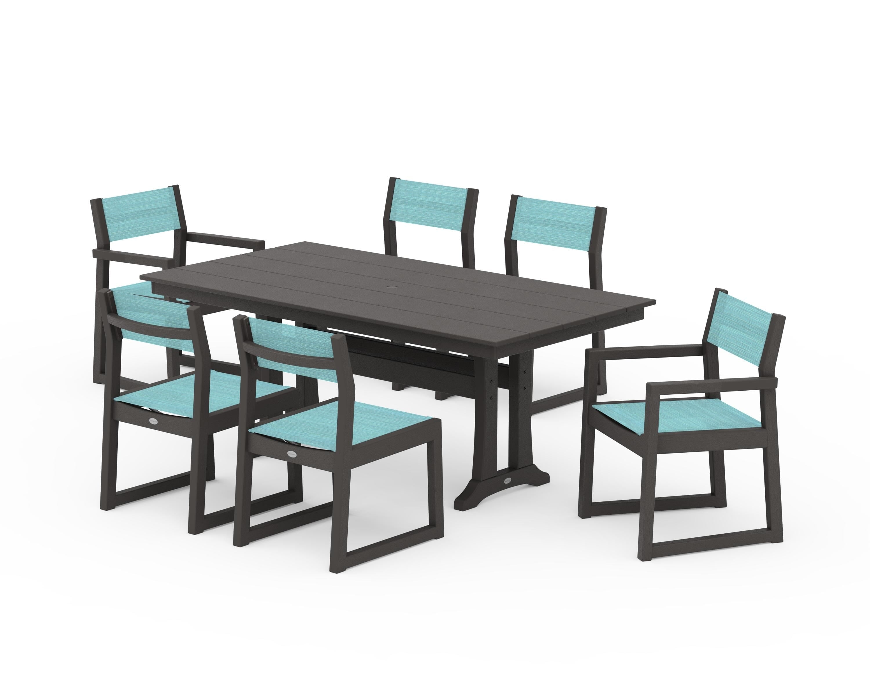 POLYWOOD EDGE Sling 7-Piece Farmhouse Trestle Dining Set in Vintage Coffee / Dupioni Aquamarine Sling