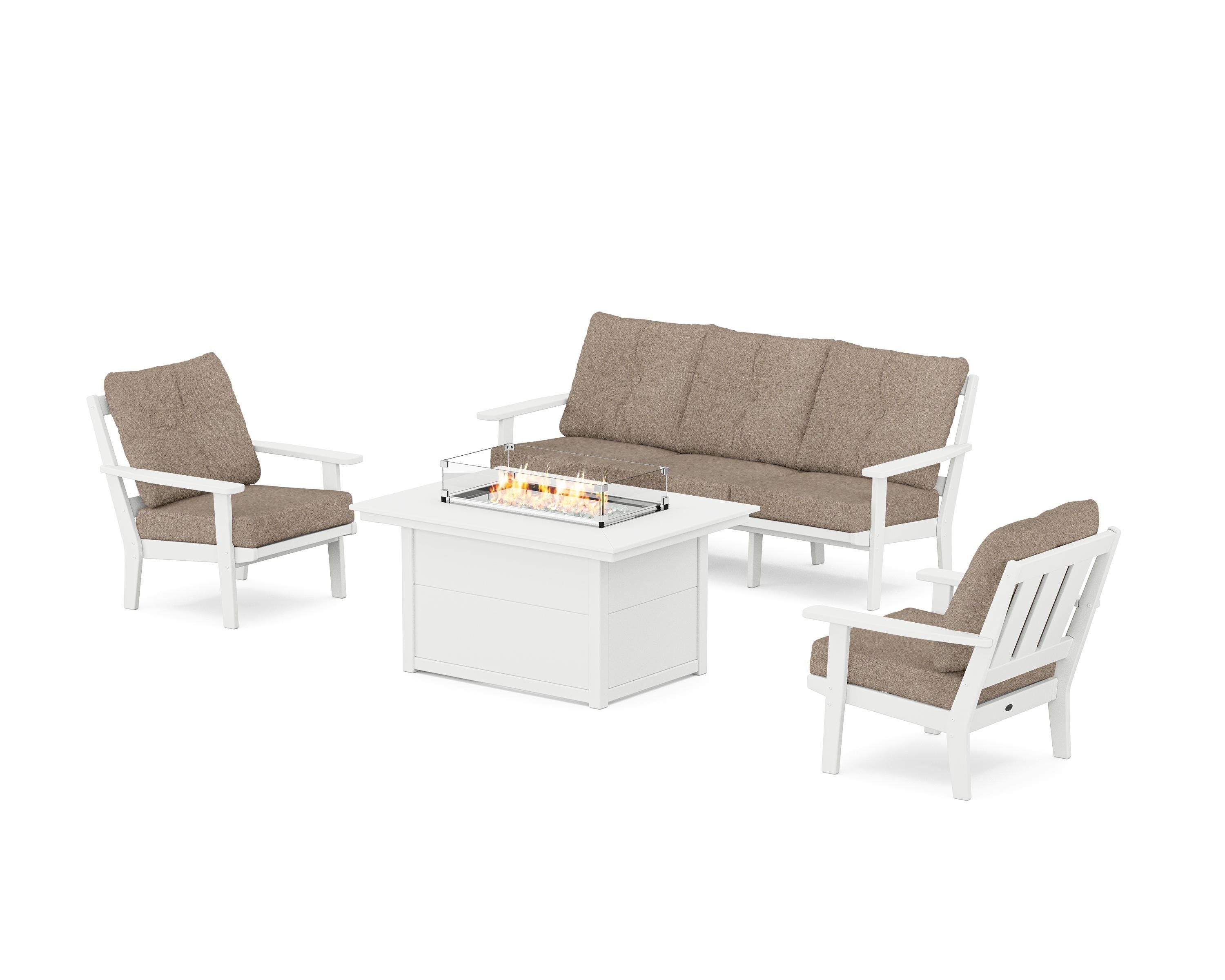 POLYWOOD Oxford Deep Seating Fire Pit Table Set in White / Spiced Burlap