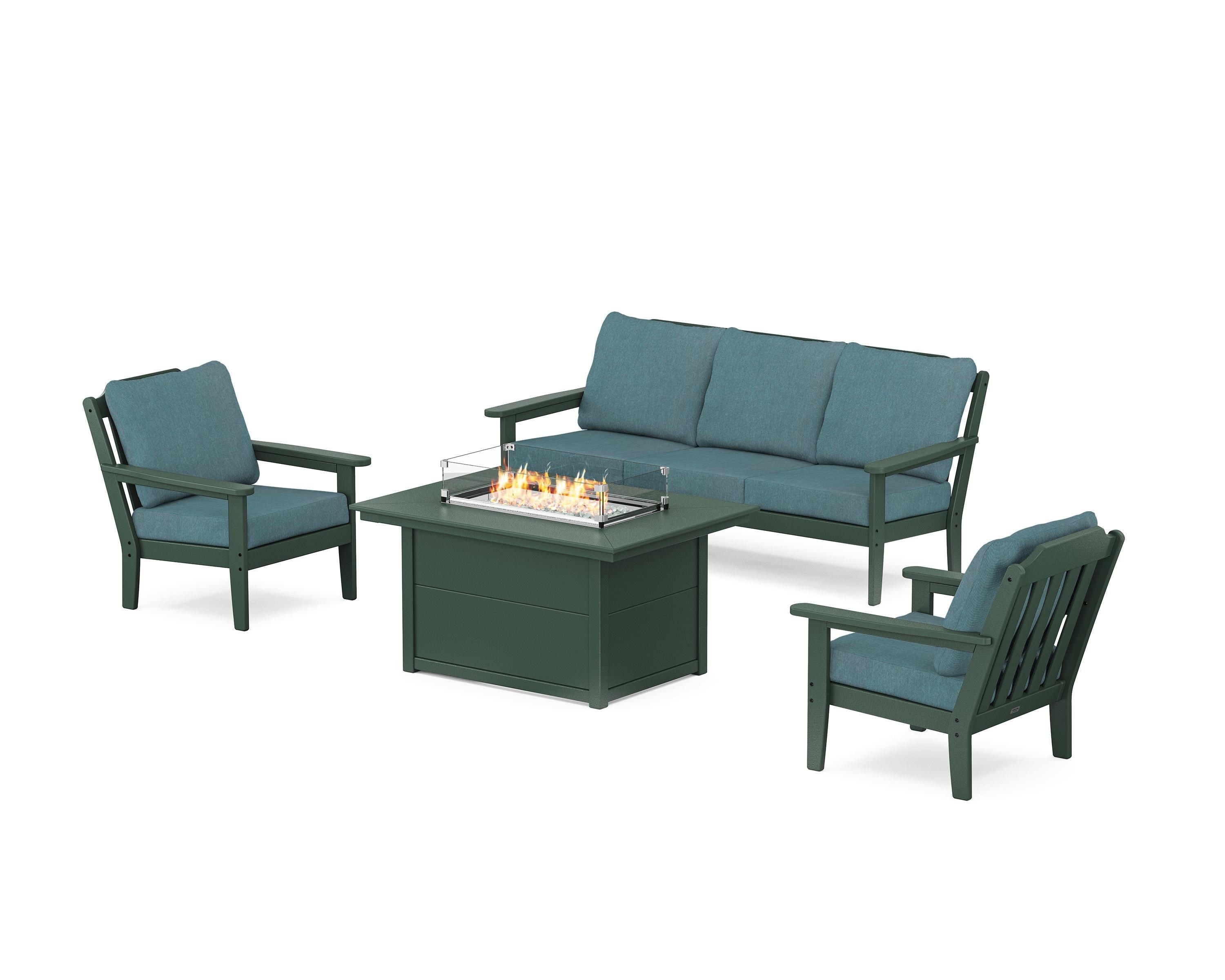 Country Living Cottage Deep Seating Fire Pit Table Set in Green / Ocean Teal