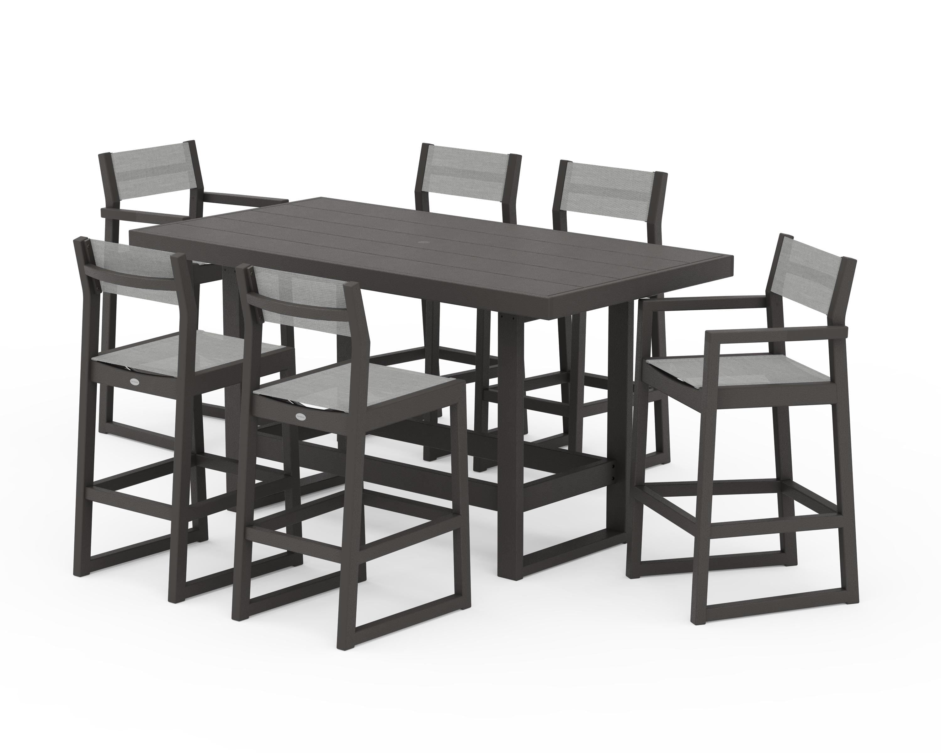 POLYWOOD EDGE Sling 7-Piece Bar Table Set in Vintage Coffee / Metallic Sling