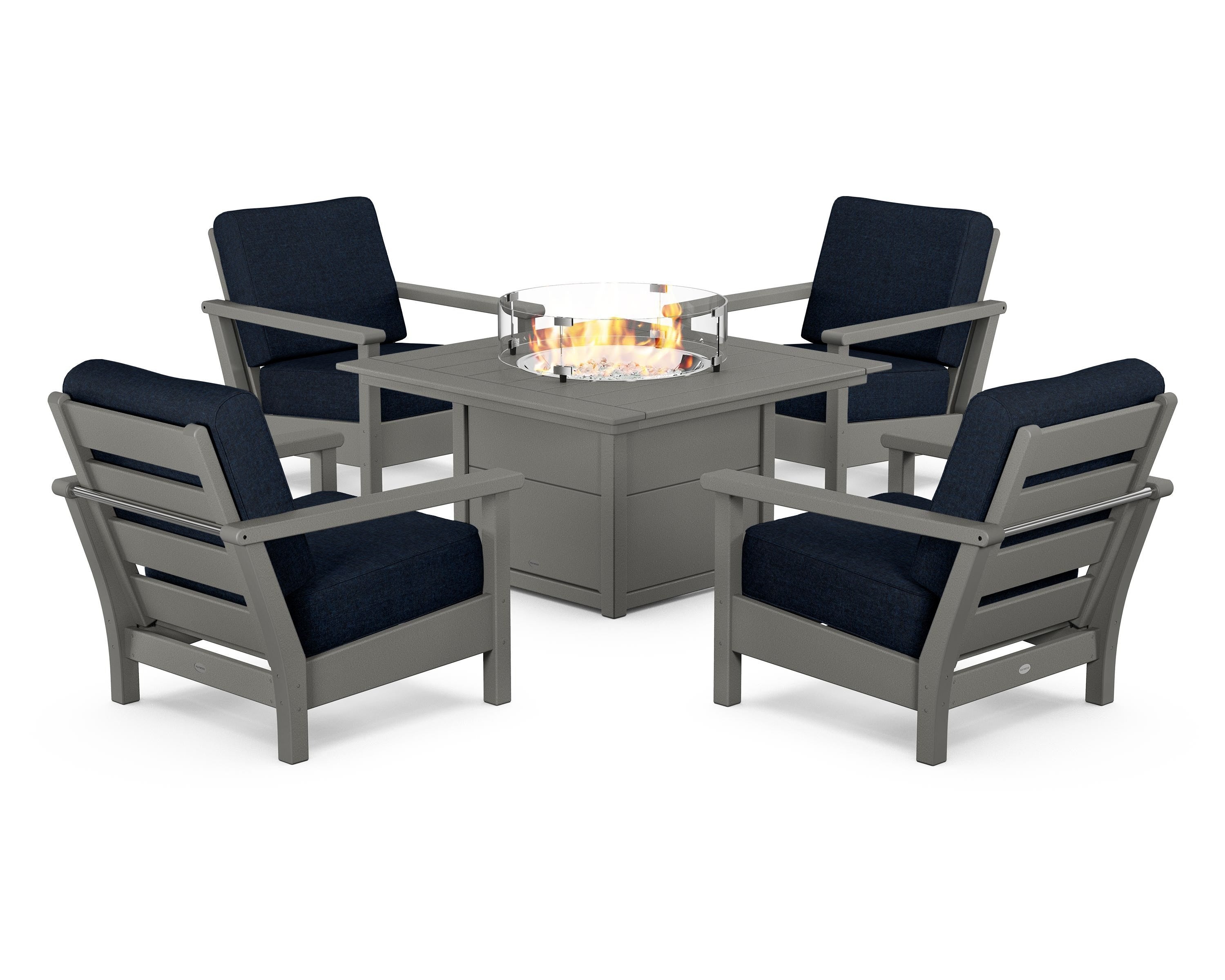 POLYWOOD Harbour 5-Piece Conversation Set with Fire Pit Table in Slate Grey / Marine Indigo