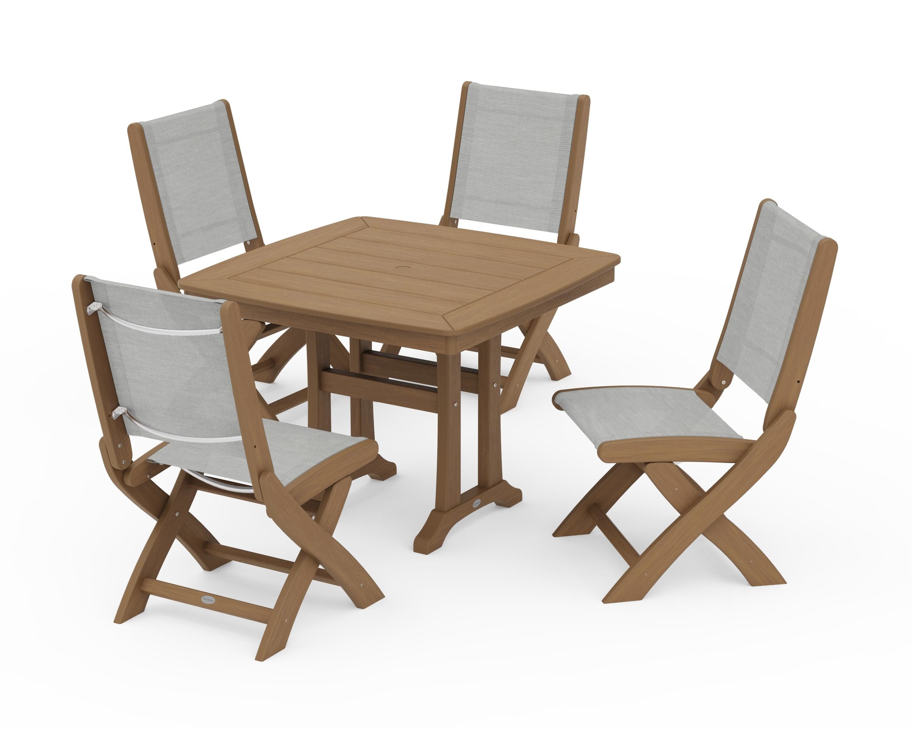 POLYWOOD Coastal Folding Side Chair 5-Piece Dining Set with Trestle Legs in Natural / Metallic Sling