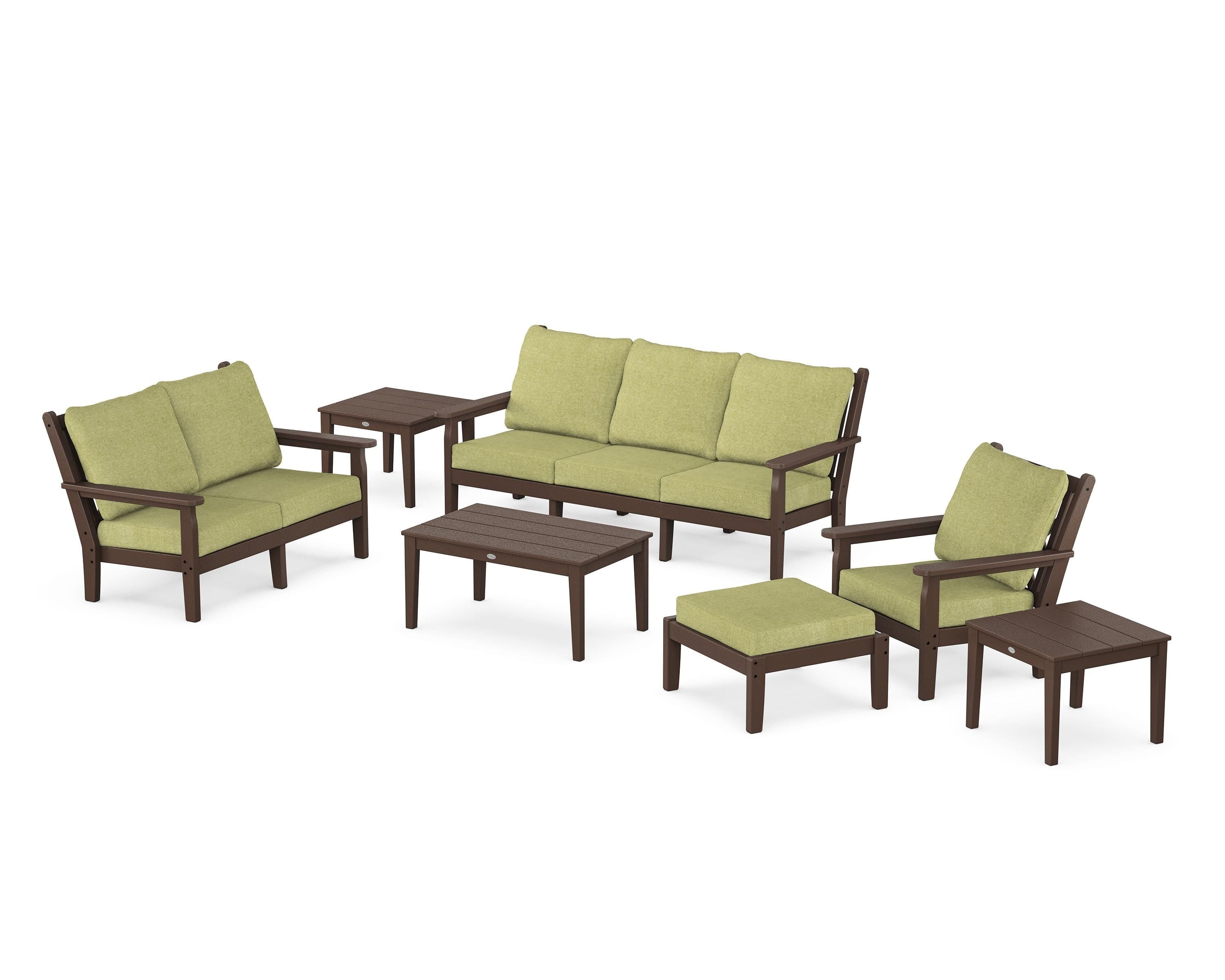 POLYWOOD Chippendale 7-Piece Deep Seating Set in Mahogany / Chartreuse Boucle