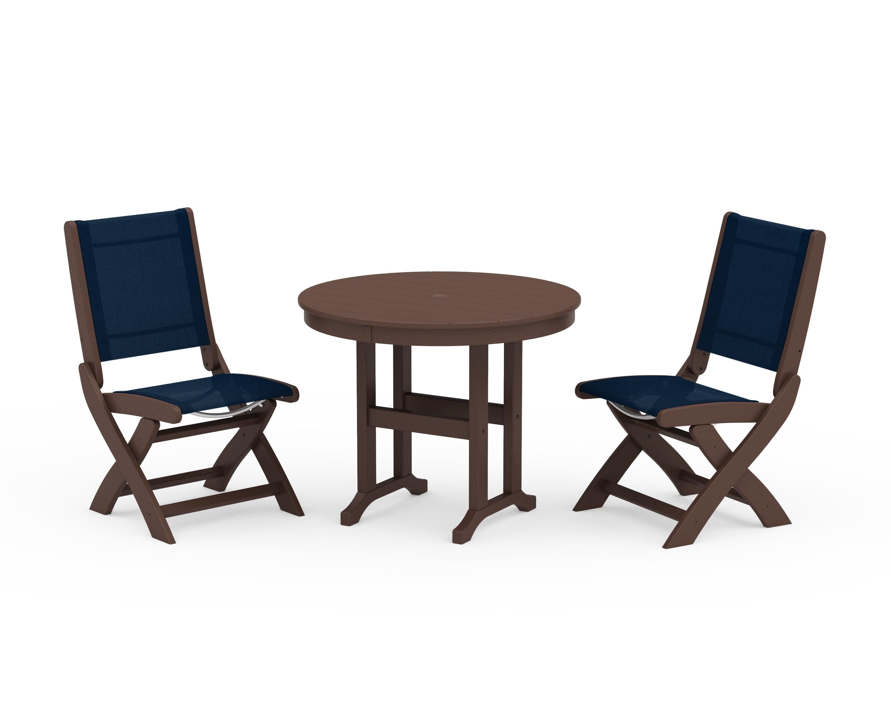 POLYWOOD Coastal Folding Side Chair 3-Piece Round Dining Set in Mahogany / Navy Blue Sling