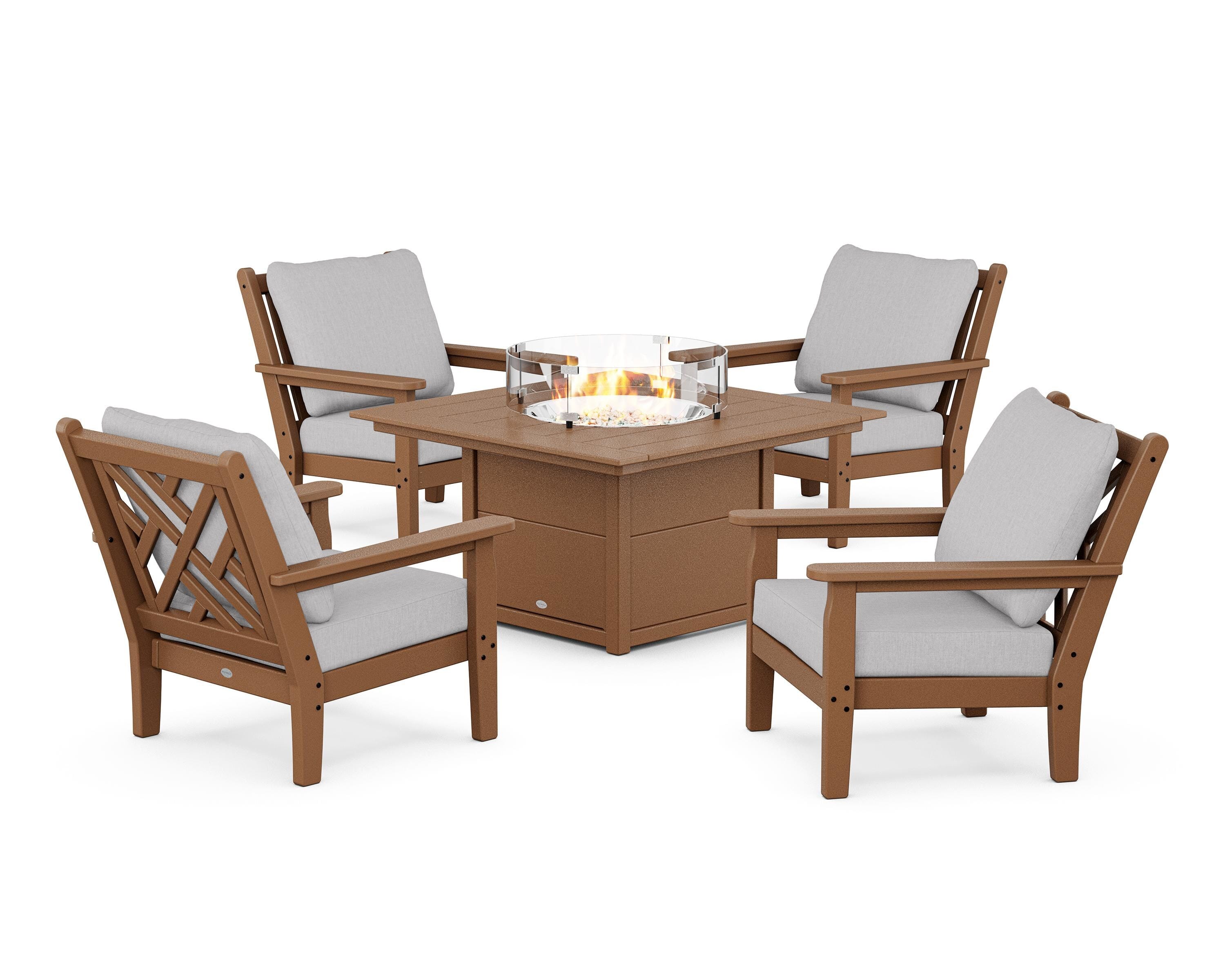 POLYWOOD Chippendale 5-Piece Deep Seating Set with Fire Pit Table in Teak / Granite