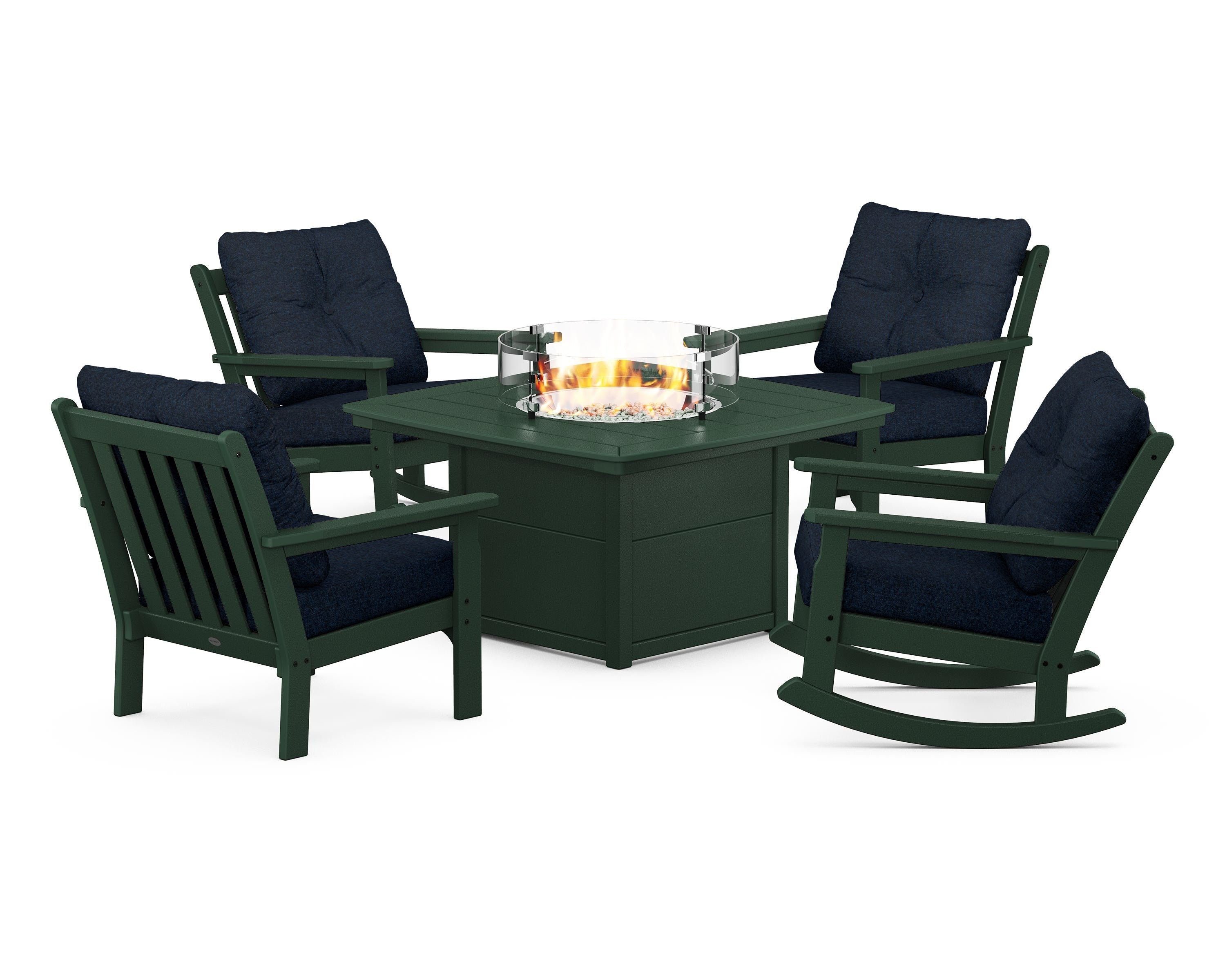 POLYWOOD Vineyard 5-Piece Deep Seating Rocking Chair Conversation Set with Fire Pit Table in Green / Marine Indigo