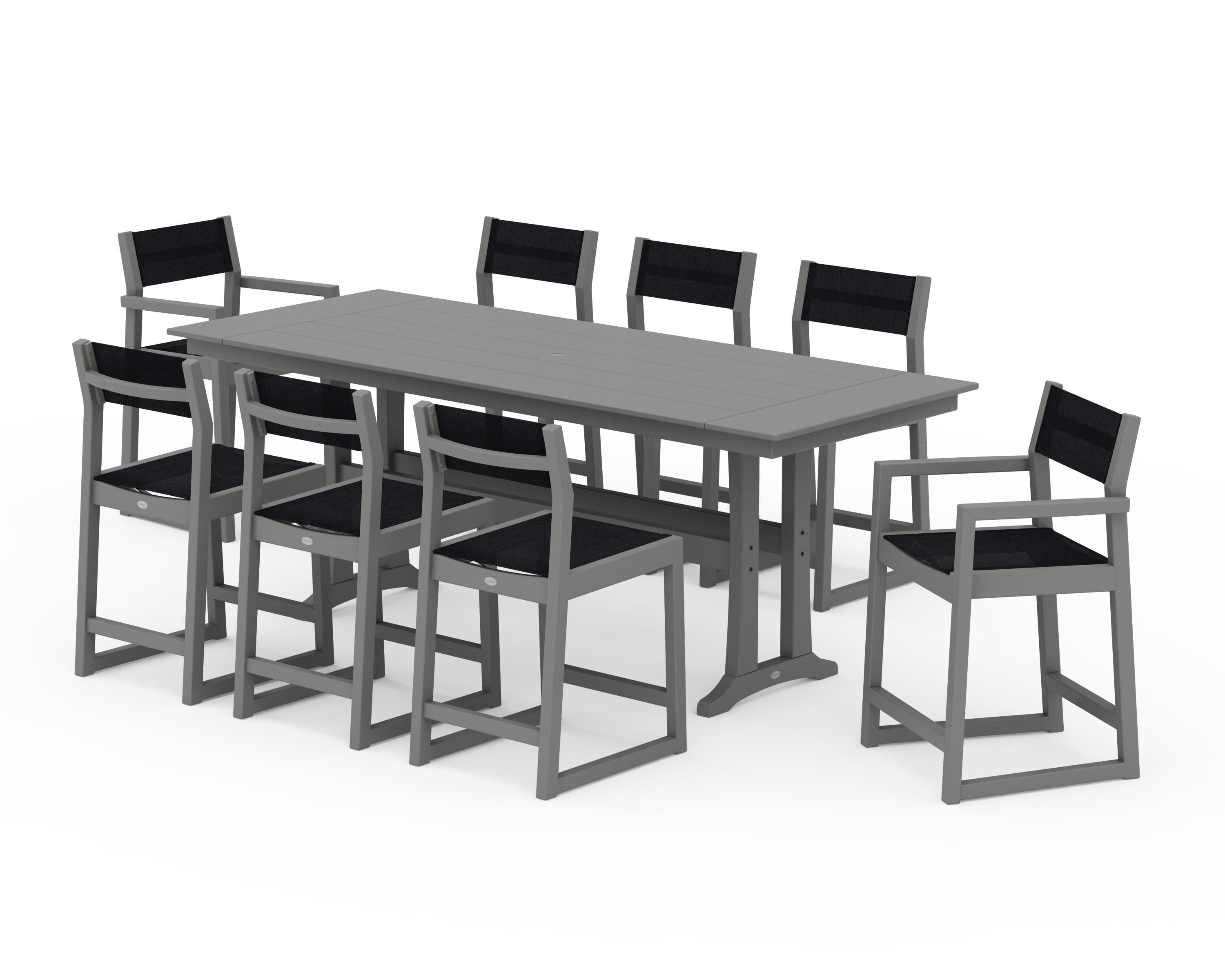 POLYWOOD EDGE Sling 9-Piece Farmhouse Counter Set with Trestle Legs in Slate Grey / Black Sling