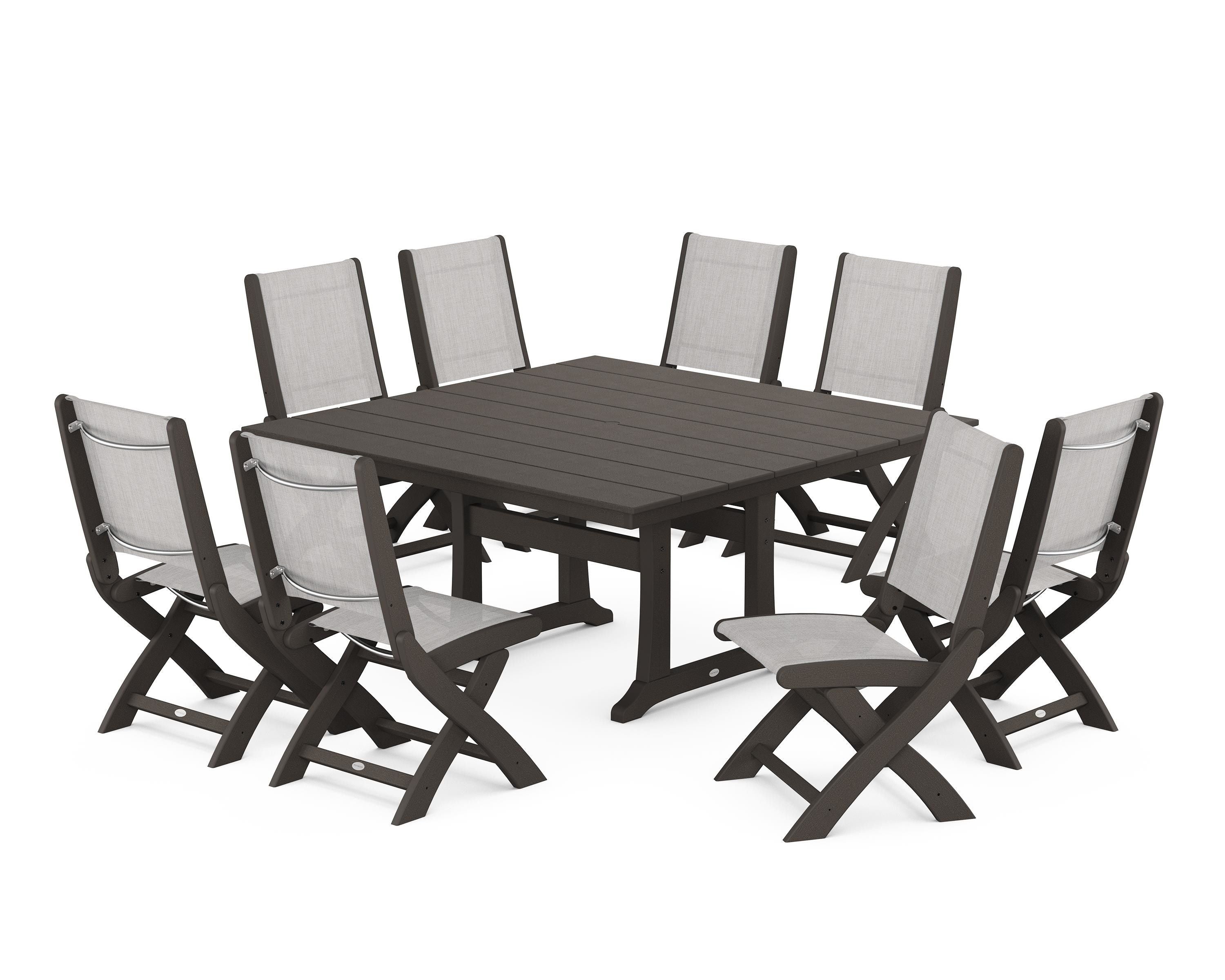 POLYWOOD Coastal Folding Side Chair 9-Piece Farmhouse Dining Set in Vintage Coffee / Parchment Sling