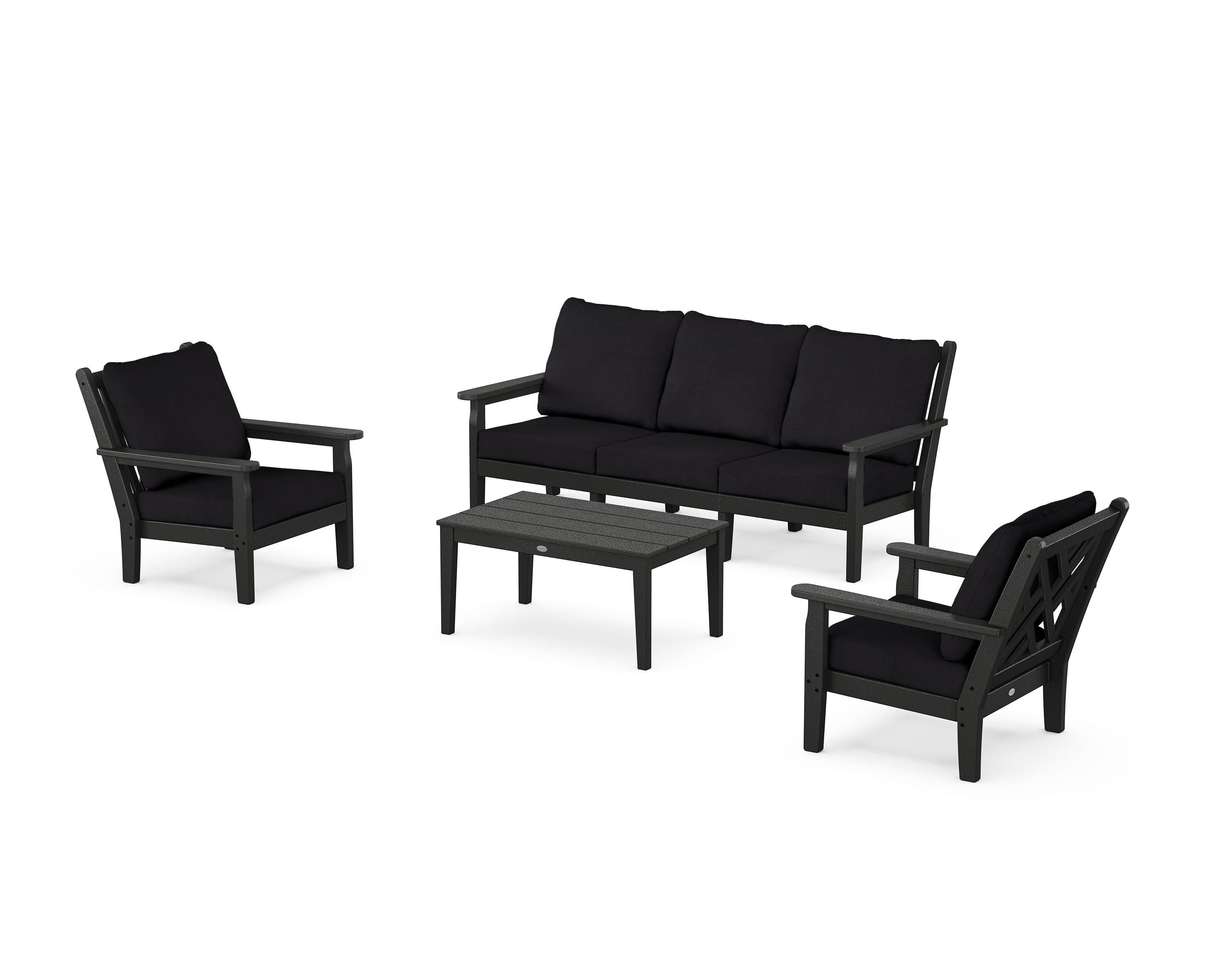 POLYWOOD Chippendale 4-Piece Deep Seating Set with Sofa in Black / Midnight Linen