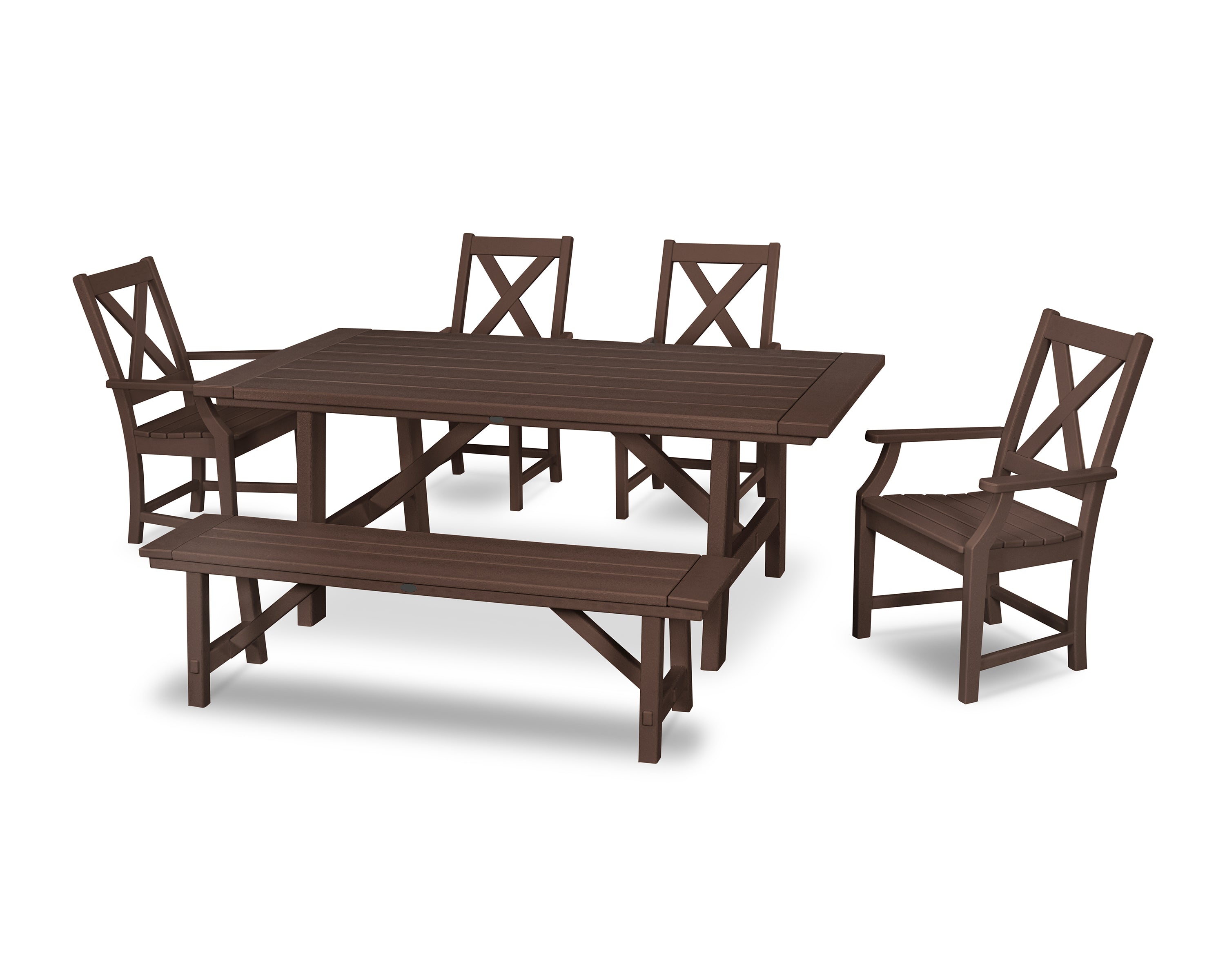 POLYWOOD® Braxton 6-Piece Rustic Farmhouse Arm Chair Dining Set with Bench in Mahogany