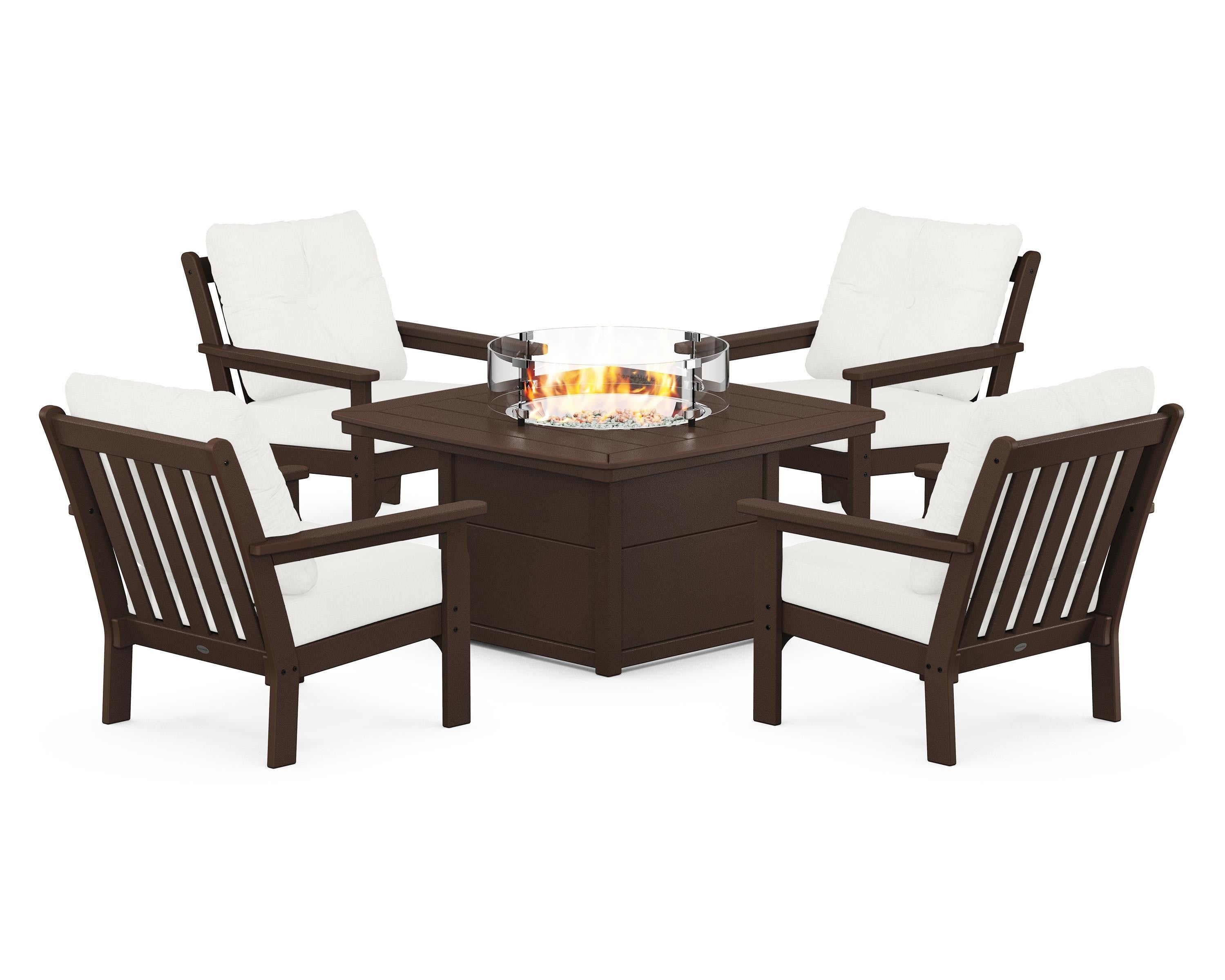 POLYWOOD Vineyard 5-Piece Conversation Set with Fire Pit Table in Mahogany / Natural Linen