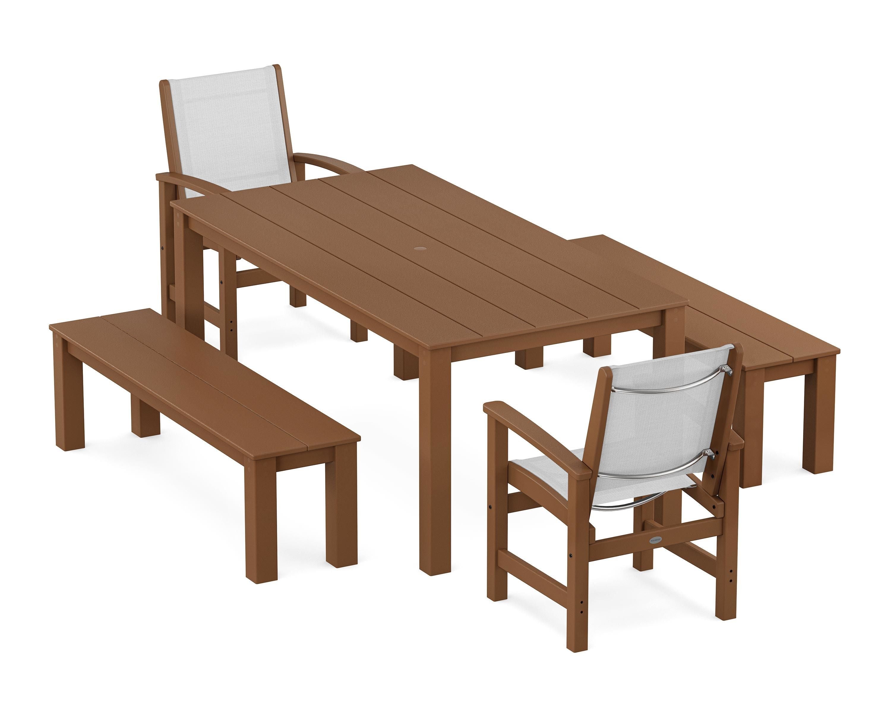 POLYWOOD Coastal 5-Piece Parsons Dining Set with Benches in Teak / White Sling