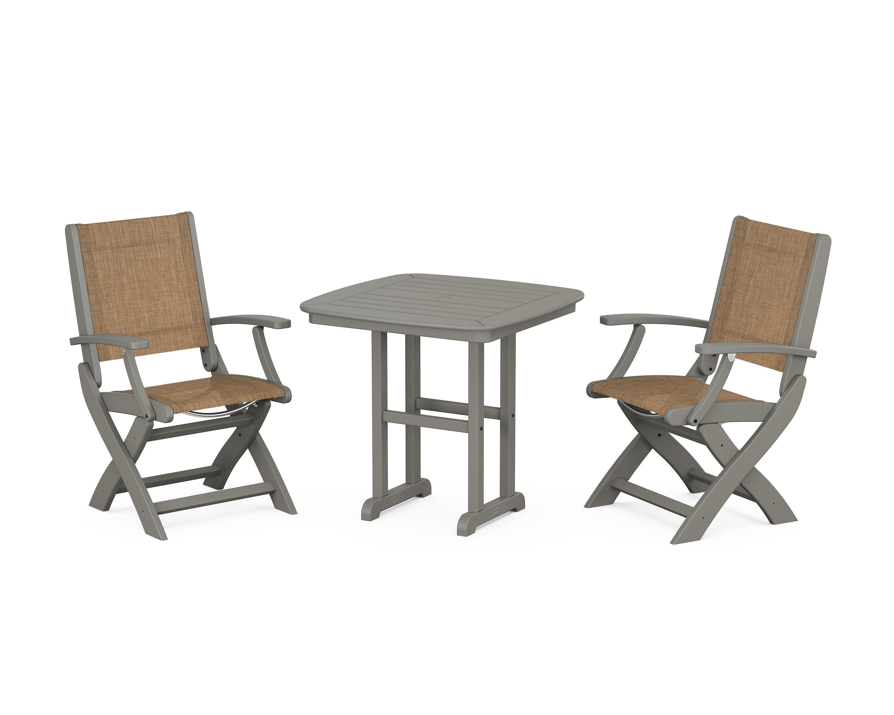 POLYWOOD Coastal Folding Chair 3-Piece Dining Set in Slate Grey / Burlap Sling
