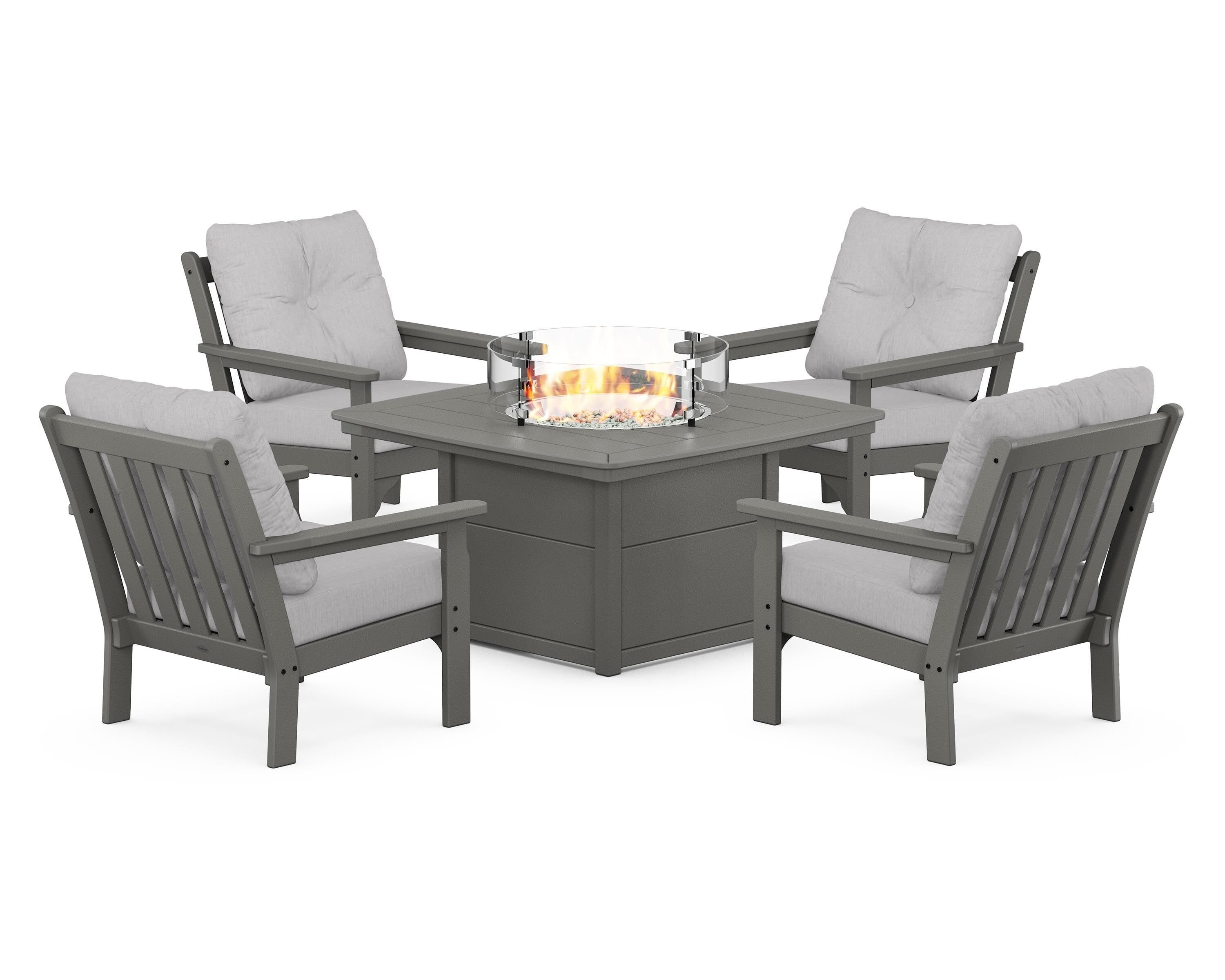 POLYWOOD Vineyard 5-Piece Conversation Set with Fire Pit Table in Slate Grey / Granite