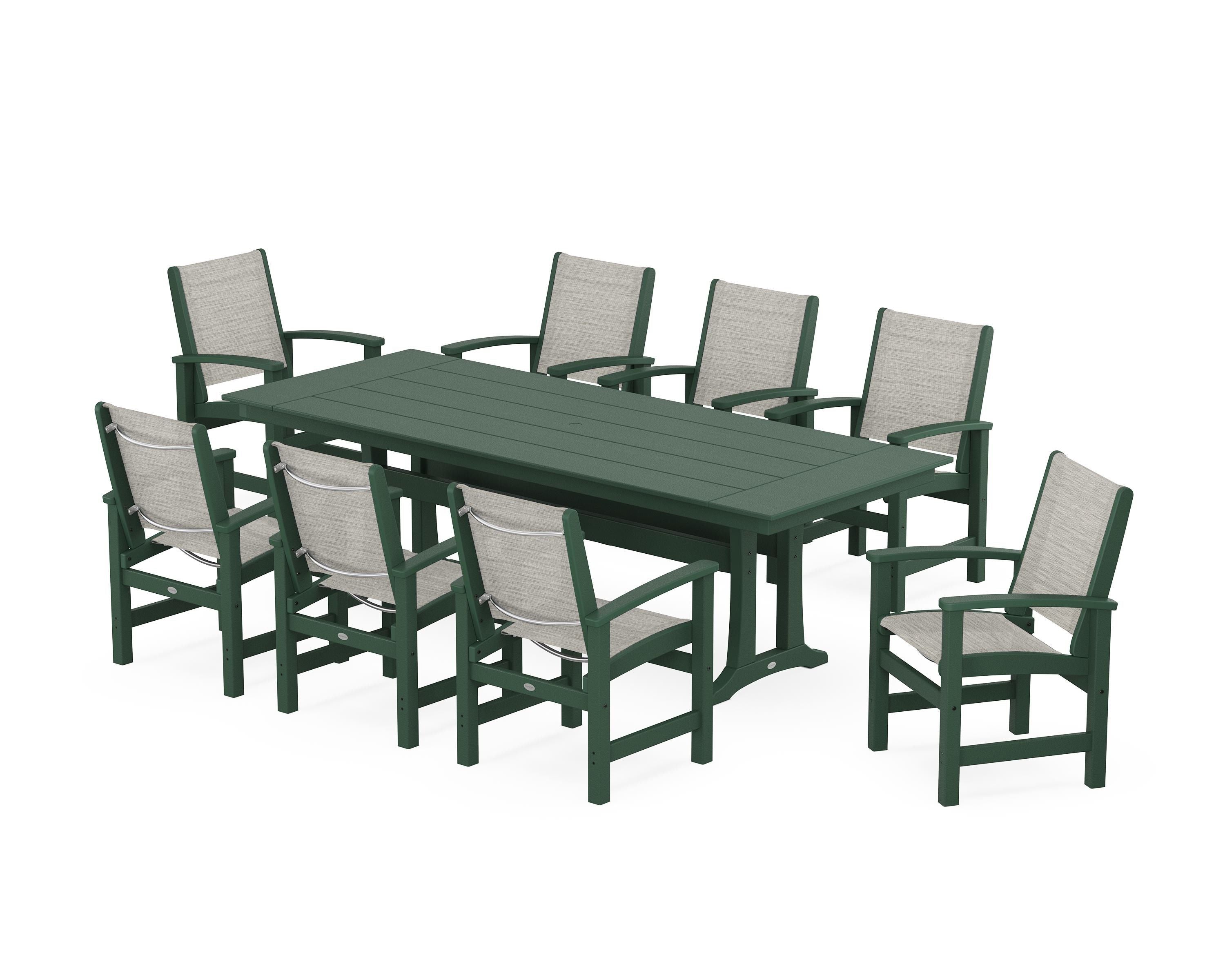 POLYWOOD Coastal 9-Piece Farmhouse Dining Set with Trestle Legs in Green / Birch Sling