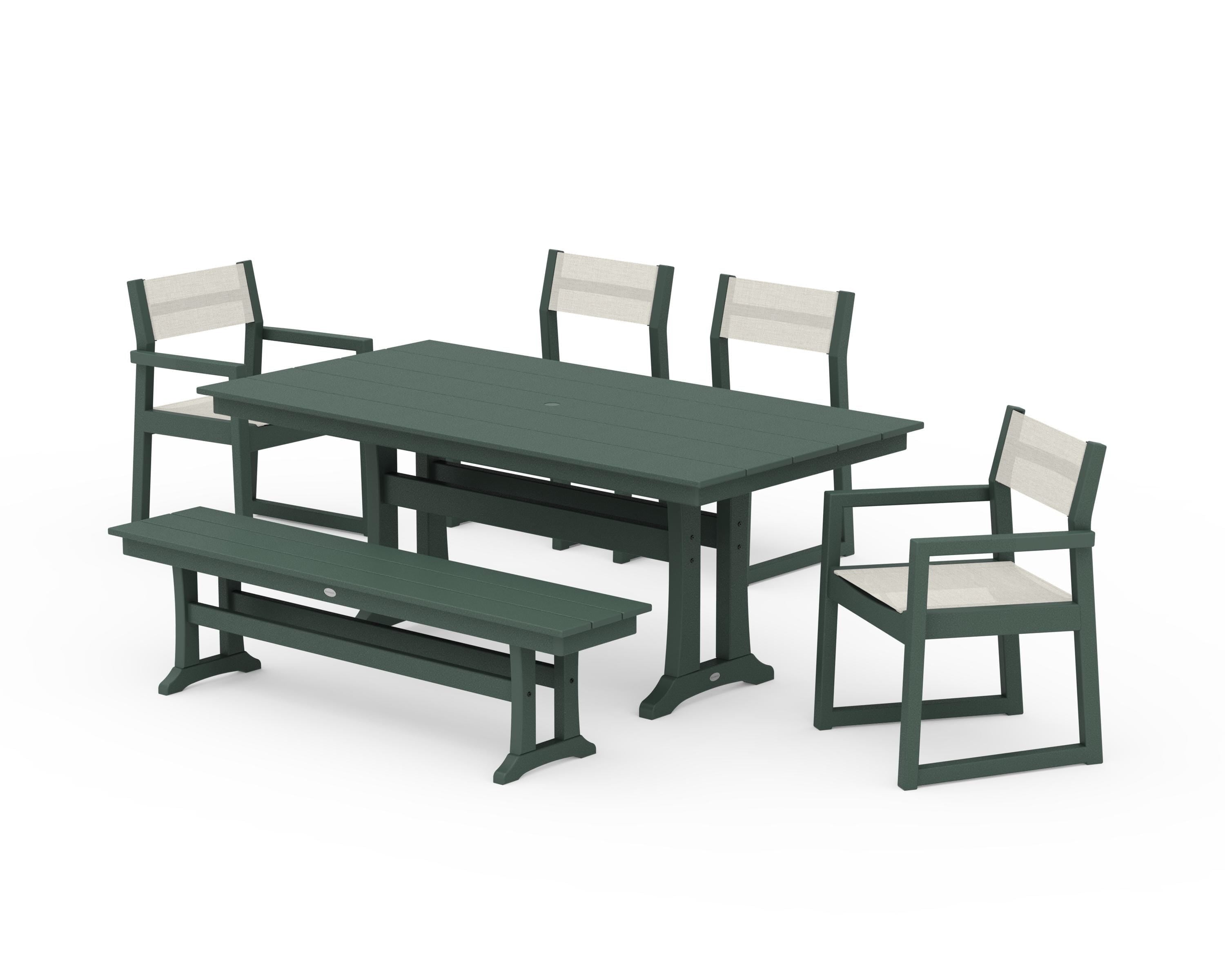 POLYWOOD EDGE Sling 6-Piece Farmhouse Dining Set With Trestle Legs in Green / Parchment Sling