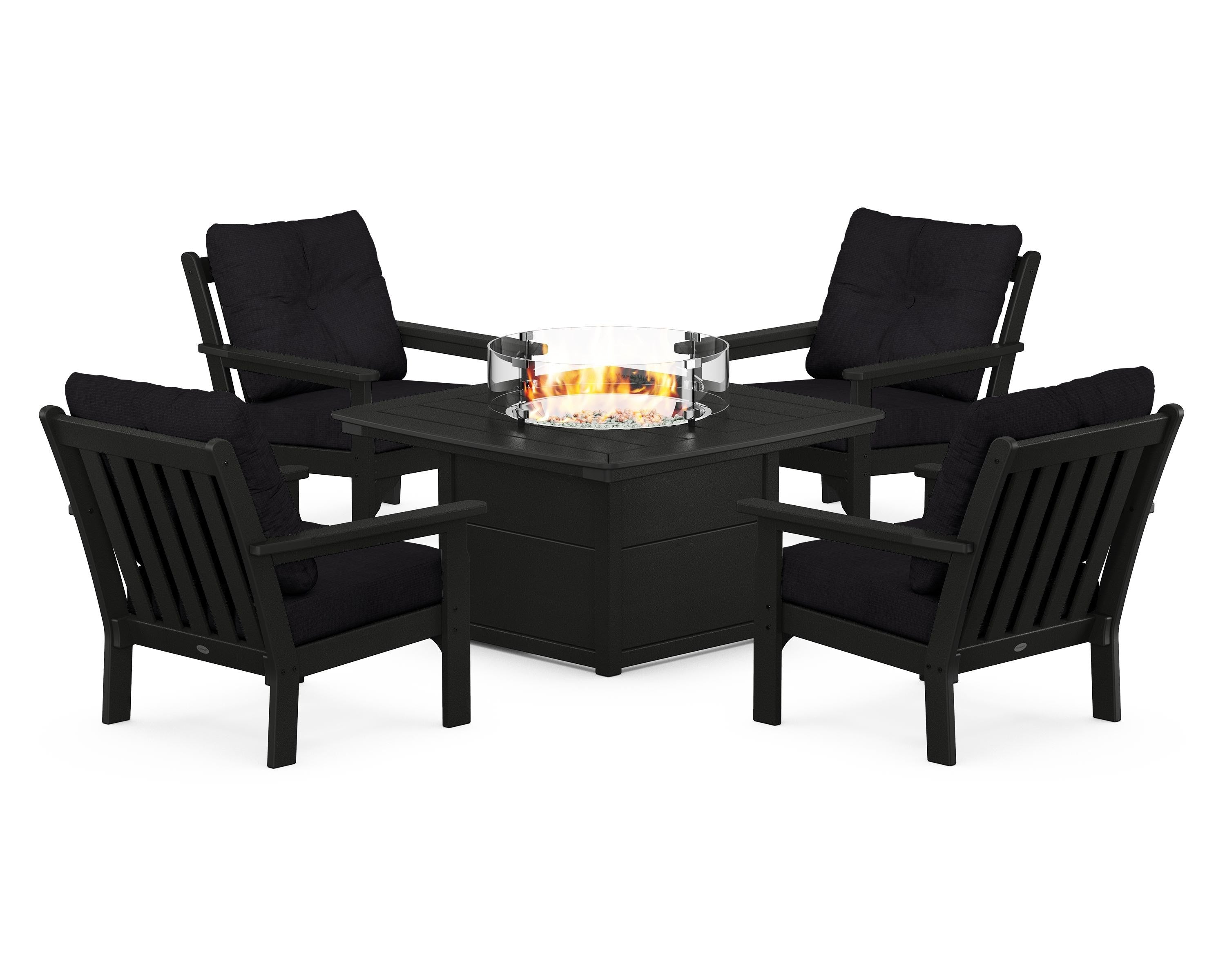 POLYWOOD Vineyard 5-Piece Conversation Set with Fire Pit Table in Black / Midnight Linen