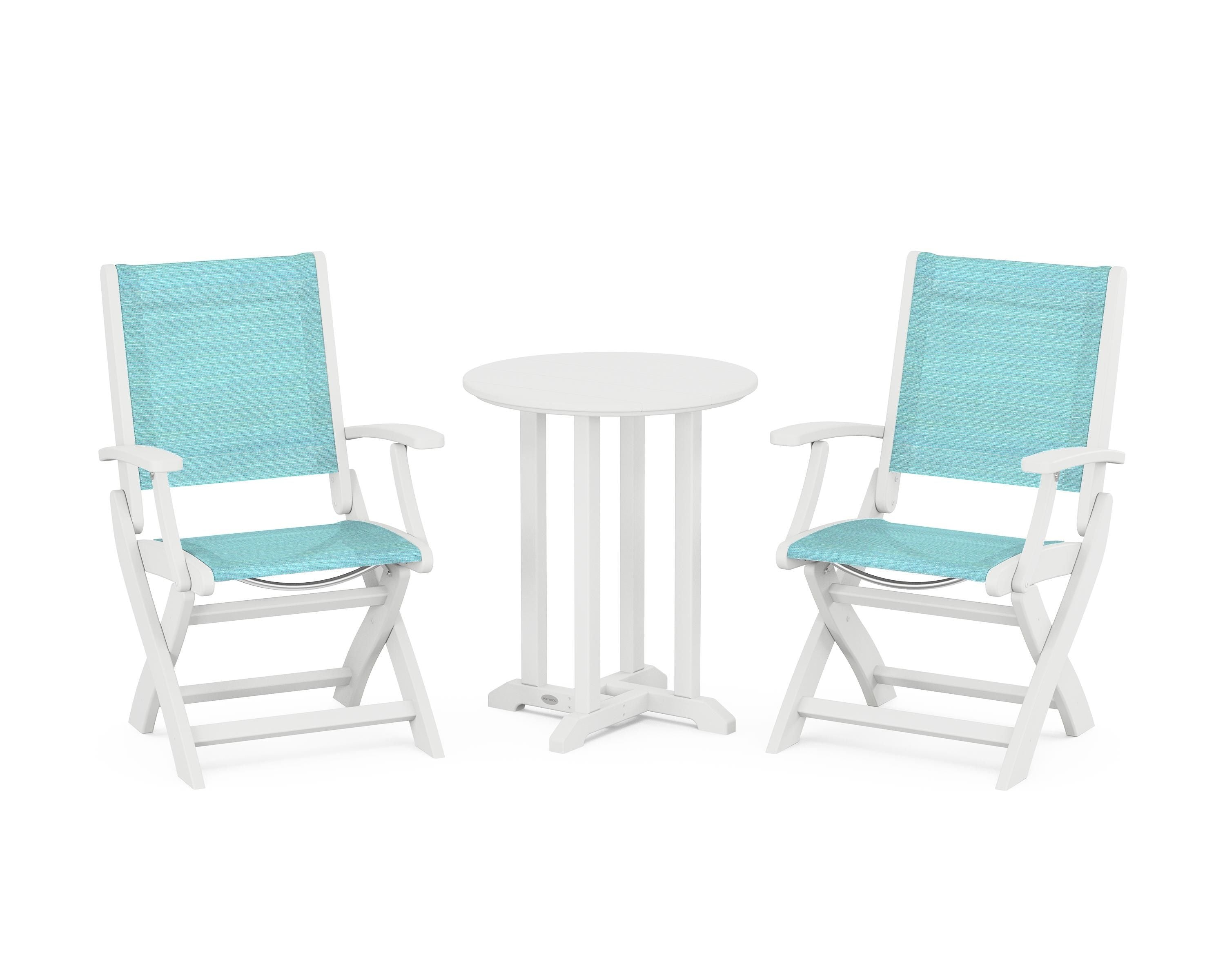 POLYWOOD Coastal Folding 3-Piece Round Bistro Dining Set in White / Dupioni Aquamarine Sling