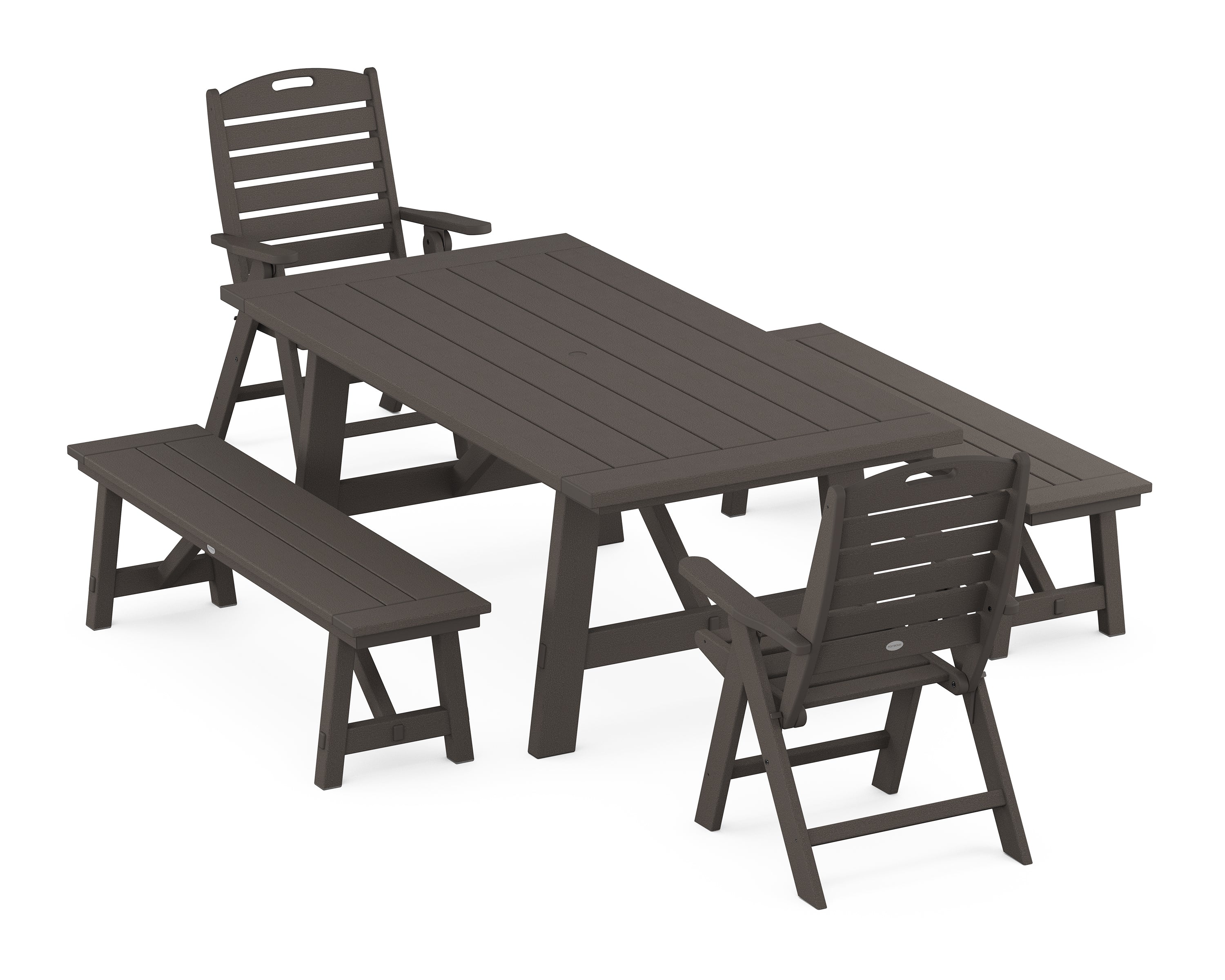 POLYWOOD® Nautical Folding Highback Chair 5-Piece Rustic Farmhouse Dining Set With Benches in Vintage Coffee