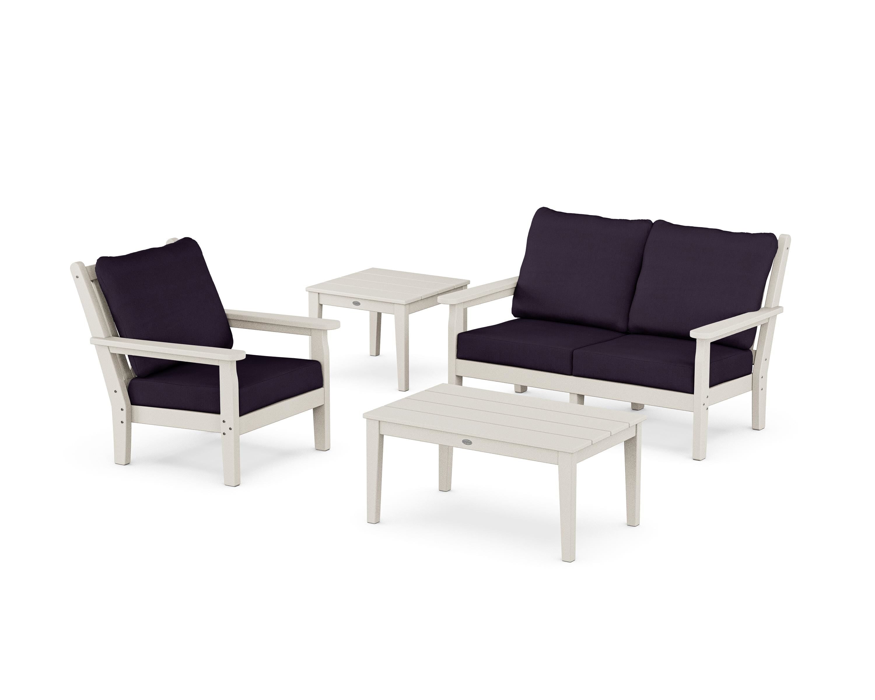 POLYWOOD Chippendale 4-Piece Deep Seating Set in Sand / Navy Linen