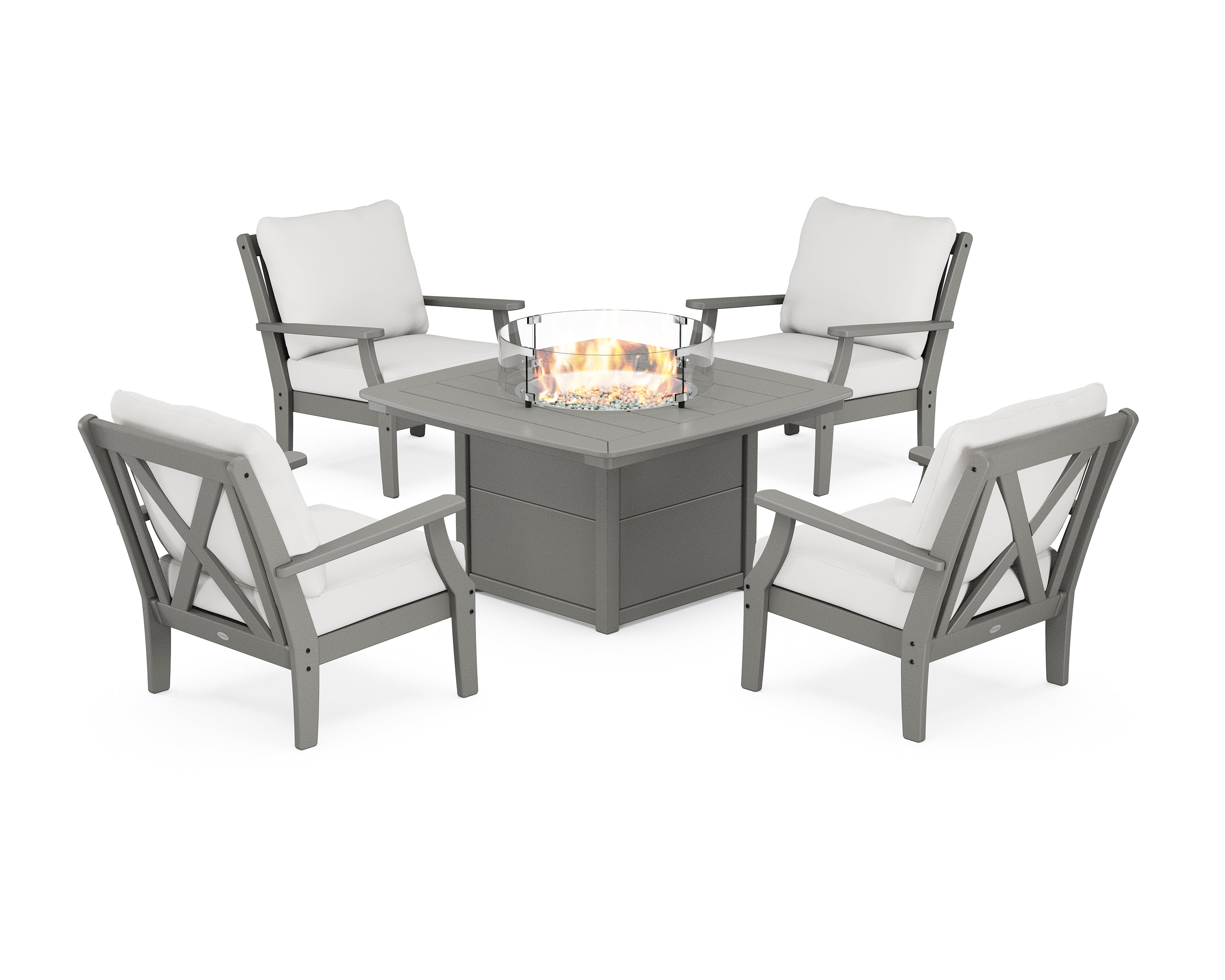 POLYWOOD Braxton 5-Piece Deep Seating Conversation Set with Fire Pit Table in Slate Grey / Natural Linen