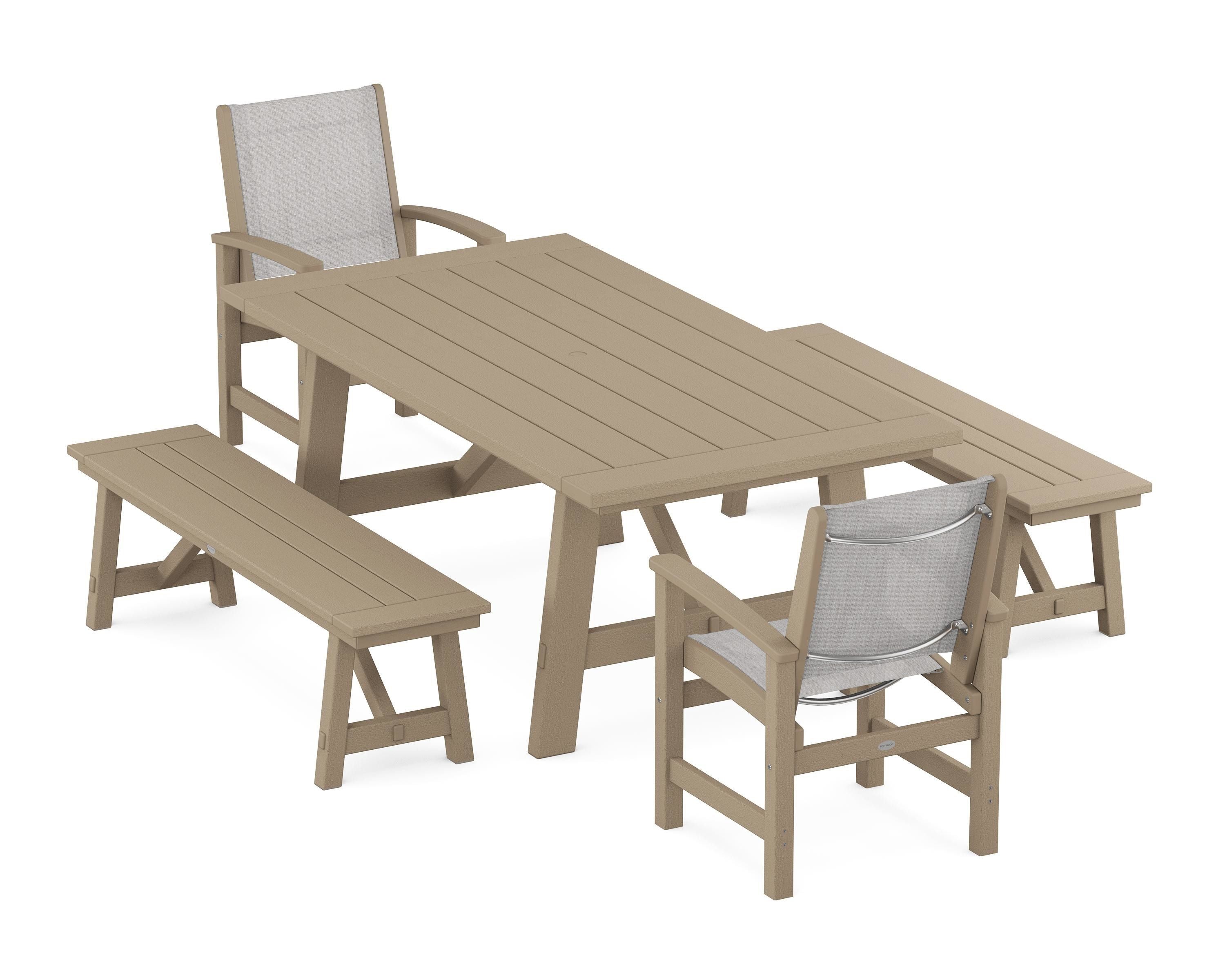 POLYWOOD Coastal 5-Piece Rustic Farmhouse Dining Set With Benches in Vintage Sahara / Parchment Sling